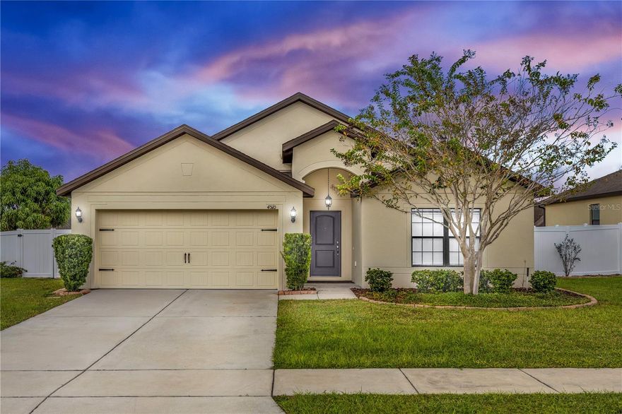 Welcome to your own slice of paradise! This beautiful 3-bedroom, 2-bathroom home sits on a spacious quarter-acre lot and features a split floor plan that gives everyone their own space. The open layout makes it easy to entertain, and it flows right out to a lovely, enclosed Florida room and a private fenced in back yard with a fire pit. Two bedrooms and a full bath are tucked away on one side of the house, while the primary suite is on the other for extra privacy. The main bedroom is a true retreat, with a cozy bay window, a huge walk-in closet, and a roomy bathroom. Step outside and enjoy your fenced-in backyard oasis, complete with a vinyl privacy fence and an irrigation system to keep everything green and gorgeous.  Plus, you’ll love the community perks: a fitness center, a pool, sidewalks throughout, and even golf cart access. It’s a great neighborhood with everything you need to live your best life.