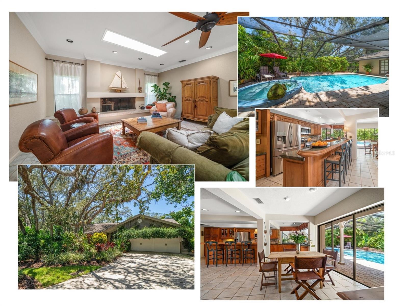 Nestled in the heart of desirable Dunedin on a quiet cul-de-sac in the coveted Weybridge Woods neighborhood, this stunning home offers elegance, comfort, and exceptional outdoor living. With tropical landscaping, majestic oaks, and undeniable curb appeal, the stage is set for what lies beyond the double leaded-glass front doors. Inside, the gorgeous formal living room features soaring ceilings, cozy fireplace and sliders that open to the enclosed resort-style pool and spa. A traditional, but open, floor plan offers both functionality and flow, including a formal dining room with views of the front gardens and a spacious family room with skylights, a second fireplace, and custom built-ins. The large dine-in kitchen is a chef’s delight with granite countertops, stainless steel appliances, and windows that open to the backyard oasis. The split bedroom plan provides privacy, including a spectacular primary suite filled with natural light and a newly renovated, spa-like ensuite boasting a garden tub, custom walk-in shower, and elegant double vanity. Additional bedrooms and baths are equally well appointed, offering both space and comfort for family and guests. Step outside to a serene backyard retreat, where winding pathways meander through lush, manicured landscaping to tranquil sitting areas, creating a peaceful escape. This golf-cart friendly neighborhood is just blocks from Dunedin Country Club, downtown Dunedin, great restaurants, shops, parks and marina, and just minutes to the pristine beaches of Honeymoon and Caladesi Island. Don’t wait - this spectacular home won’t last long!
