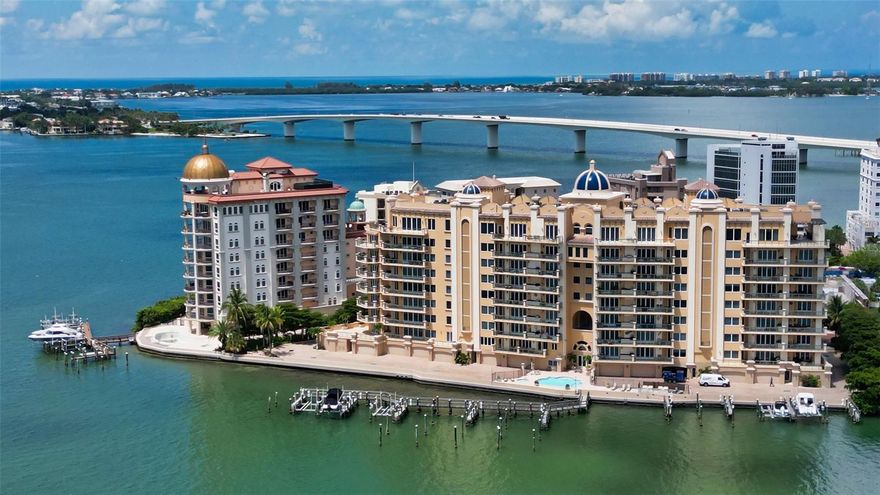 One or more photo(s) has been virtually staged. Life is short...LIVE YOUR DREAM with this lease-purchase opportunity! Behold a pristine panorama spanning the vibrant city skyline, sparkling bay waters, a tranquil marina and the horizon of Sarasota’s barrier islands from this 3 full en suite BR/4.5BA, 3,490 SF residence in La Bellasara, an amenity-rich community located on prized Golden Gate Point where downtown meets the waterfront. A stately double-door entry opens to reveal a gorgeous, well-maintained and strikingly styled floor plan enhanced by high 9-11’ ceilings, crown molding, recessed lighting and wood floors throughout. The wide-open living room, dining room and kitchen area allows ease of entertaining complemented by breathtaking views, as the kitchen boasts a 6-burner Wolff gas stove, double built-in ovens, breakfast bar, eat-in area and spacious center island.  The enlarged 3rd bedroom w/closet & full bath is currently set up as a combined office/den with built-in bookshelves and spacious sitting area.  Soirees are simply spectacular on the open & expansive direct Bay front terrace which includes a summer kitchen and plenty of space for guests to take in the world-class vistas. With 455’ of water frontage, La Bellasara offers an assortment of perks, including a private 2-car garage for each resident, full concierge service, heated pool and spa, fully equipped fitness room, movie room with a separate card room, courtesy dock, and a complete social room with a full kitchen. Living on Golden Gate Point comes with the advantage of never losing power, as this community is set on the same grid as the Ringling Bridge. A boat dock may be available for purchase. Room Feature: Linen Closet In Bath (Primary Bedroom).