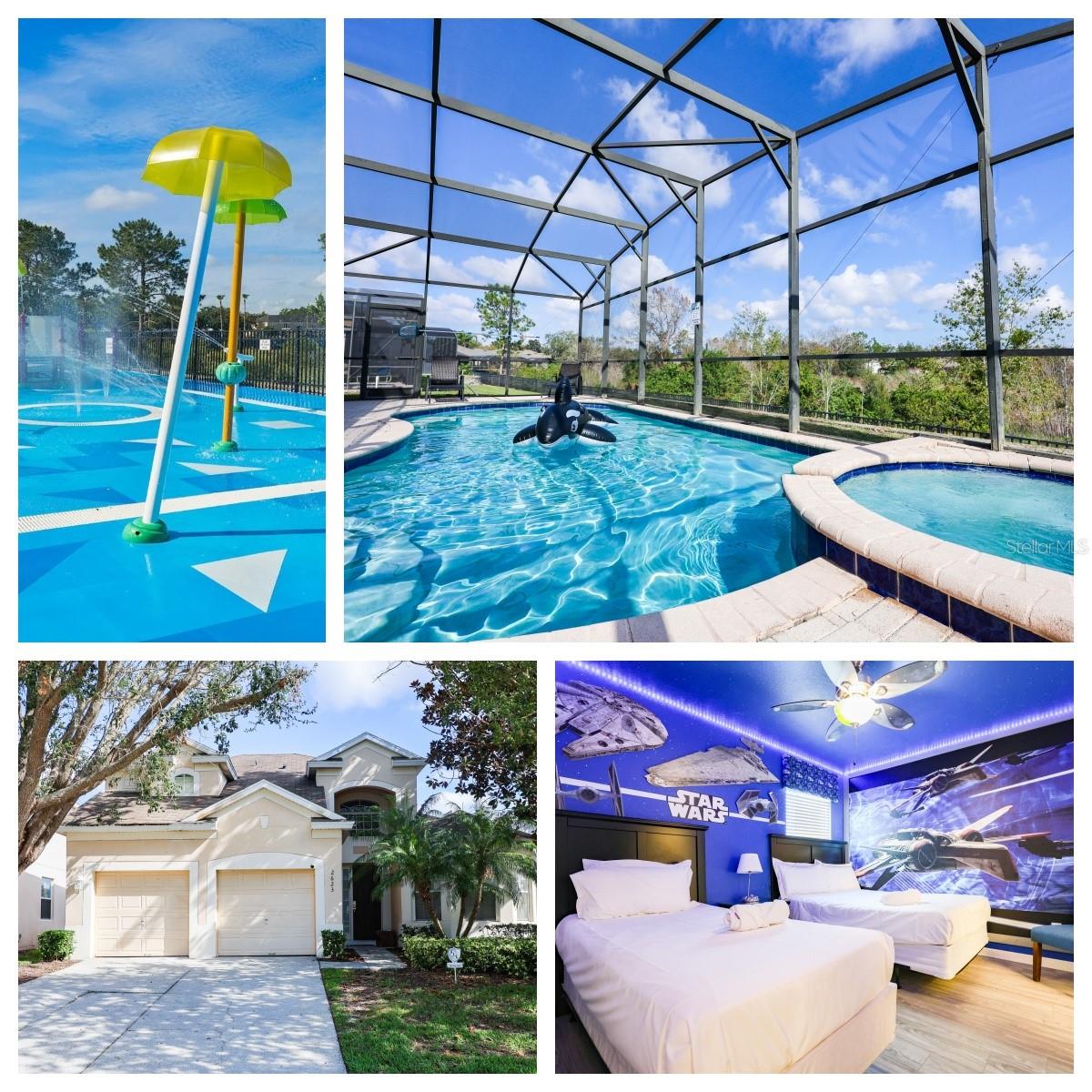 New Roof 2025, New AC 2024! No carpet! This beautiful 5 bed 5 bath home is located in the very popular guard-gated Windsor Hills Resort. It is a just minutes to Disney Parks. You can come back from the parks at noon to take a rest and then go back to the park again for night entertainments. This is the most keep-value vacation home community. This turnkey house was decorated by an interior designer. Three bedrooms are located downstairs and two bedroom upstairs. Two primary suites located on the main level. Each bedroom uniquely themed with coordinated decor. The converted garage game room promises endless entertainment for all ages. Two room are decorated to Star War and Harry Potter. You can enjoy and relax in heated Pool and Spa and tables and chairs on pool deck.
Windsor Hills offers resort-style amenities including a heated lagoon-style pool, water slide, splash pad, fitness center, arcade, basketball, volleyball & tennis courts and a putting green. HOA fees cover trash pickup, lawn and exterior maintenance, cable/internet, guard-gated community.