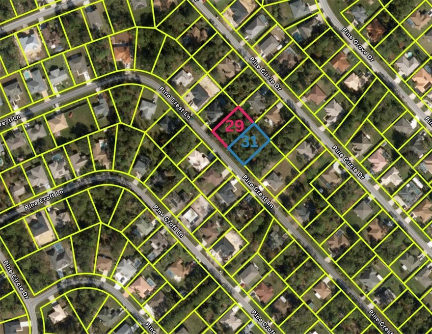 Double Lot Opportunity in Palm Coast – Build Your Dream Home or Invest!
Rare opportunity to own two adjacent vacant lots at 29 Pine Crest Lane and 31 Pine Crest Lane, Palm Coast, FL 32164, each offering 0.23 acres, for a combined total of 0.46 acres.

Build on one and keep the other for privacy, or combine both for a spacious homesite with plenty of room for a custom home, pool, additional garage, or outdoor living space.

? Each lot is located in a non-flood zone
? No HOA
? No deed restrictions
? No required timeframe to build

Centrally located in Palm Coast, close to Wadsworth Elementary School and Buddy Taylor Middle School. Conveniently near shopping, medical facilities, restaurants, banks, and houses of worship.

Enjoy being just 20 minutes to Flagler Beach and the beautiful Atlantic Ocean beaches. With quick access to I-95, commuting north or south is easy and convenient.

Whether you're looking to build now, hold as an investment, or secure extra space for the future, this double-lot opportunity offers flexibility and value in a growing area of Palm Coast.