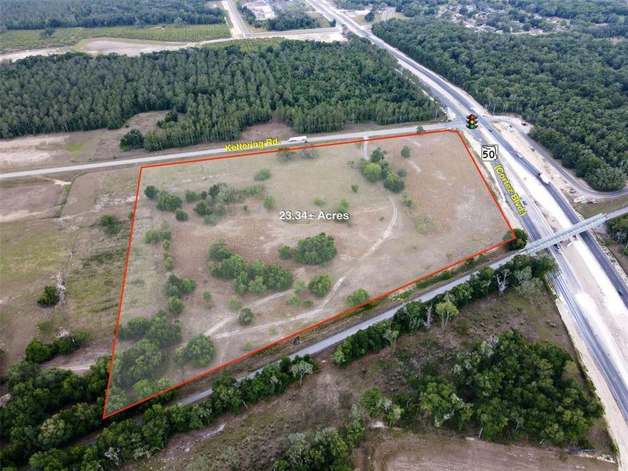 The opportunity is to develop a 23.34± acre commercial site at a lighted corner on SR 50 in Hernando County, Florida. The site is cleared with no wetlands and has approx. 750 feet of frontage on SR 50 and 1230 feet of frontage on Kettering Rd. Water and sewer are to the property. It is zoned PD for GC uses.