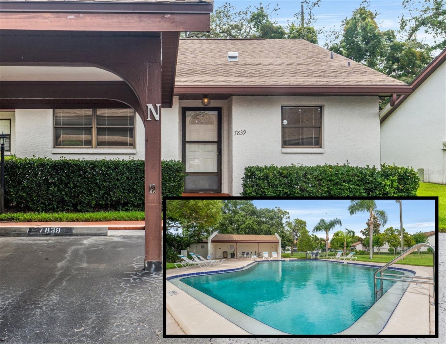 Welcome home to this adorable end unit in the desirable 55+ community of Orchards of Radcliffe! This 2 bedroom, 2 bathroom abode sits directly across from the community pool, spa and amenities center to enjoy the most of Florida living! In the heart of Port Richey, surrounded by everything Pasco County has to offer, you will be close to all amenities and fun! Pulling in, be captivated by the amazing charm and curb appeal! This unit has covered parking and an additional oversized storage closet in front of the unit! Walking in, you’ll be greeted with tile flooring, an open concept and loads of natural light! The living room and dining area butt up against the kitchen with lots of cabinet and counter space and an attached laundry room with extra storage. The spare bedroom sits off the entryway, with a large walk-in closet and has its own private bathroom, with a shower/tub combo. The open concept living and dining area has laminate flooring, excellent natural light and a electric fireplace. There is an additional screened Florida Room space, looking over the peaceful, serene Florida backdrop! In the back of the home, for ideal privacy is the owner’s suite, with an oversized walk-in closet and an ensuite bathroom, with a shower. As for the community— you are going to love it here! The low monthly fees include amazing amenities like an oversized pool, clubhouse, cable TV, all exterior lawn / pest maintenance and trash. More great amenities? The roof was done in 2019, and the Air Conditioner was replaced in 2018! Priced to sell this unit will not last long, so make your appointment TODAY!