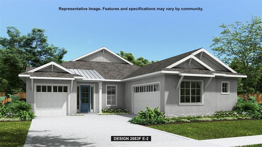 Under Construction. Front porch opens into an extended entryway with tray ceilings. French doors enclose the home office off the main hallway. Entering the kitchen you are greeted by an island with built-in seating, a walk-in pantry, and access to the laundry room. The dining area connects to the family room which features sliding glass doors and access to the covered lanai. A bonus flex room is off the main living space. The primary bedroom is features a wall of windows. French doors lead into the primary bathroom which boasts dual vanities, freestanding tub, glass enclosed shower, and two walk-in closets. The secondary bedrooms each feature a walk-in closet and share a Hollywood bathroom. The mechanical room is located off the hallway that features the drop zone. Completing the space is a private guest suite off of the family room that features a full bathroom and walk-in closet. Three-car split garage.