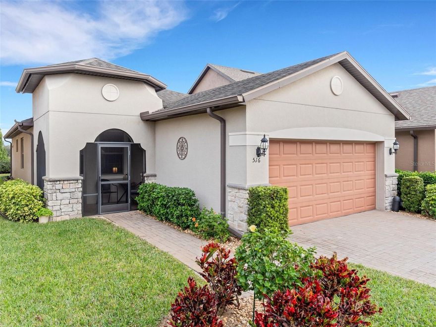 Located in the desirable 55+ community of Del Webb Orlando, this BEAUTIFUL Taft Street floor plan is located close to clubhouse and amenities and features 2 bedrooms, plus a den and 2 bathrooms. The master bedroom is located in the rear of the home for privacy and features LARGE GLASS SLIDING DOORS that open to a SCREENED-IN LANAI with a view of the PRIVATE backyard. The master bathroom suite has granite countertops, a large tiled walk-in shower, and large walk-in closet. The spacious kitchen features granite countertops and tiled backsplash, cabinets with crown molding, stainless steel appliances, including a NATURAL GAS STOVE, a large pantry, a large island with additional cabinet storage perfect for entertaining, upgraded lighting features with pendant and can lighting and access to the screened-in covered lanai. The study/den is located in the front of the home. The guest bedroom is separate for guest privacy, and the guest bathroom has granite countertops and a tiled shower/tub. The laundry room is conveniently located near the master bedroom. NO CARPET THROUGHOUT- with tile flooring in main living areas and laminate flooring in the bedrooms and den. The exterior of the home includes a screened-in front porch, a brick paver driveway, and rain gutters. NEW A/C Fall of 2025.  Great location within the community just a short walk to the clubhouse and community amenities. The $282 monthly Del Webb HOA fee includes exclusive access to resident-owned 30,000+ SF Montecito clubhouse and amenities. DEL WEBB ORLANDO is a 55+ community with a tavern, indoor walking track, fitness center, indoor and outdoor pools and spas with locker rooms and showers, billiards, ping pong, craft room, and a ballroom for special events. Outdoor activities include pickleball, tennis, bocce, basketball, shuffleboard, community gardening center, an outdoor amphitheater, large brick fire pit and large screened-in gazebo over the water. The $425 semi-annual HOA fee provides 24x7 staffed security gate and master association-owned private road maintenance. Adjacent to recently renovated 18-hole White Heron Golf Club. Miles of biking and walking trails within Ridgewood Lakes gated community. Located conveniently to shopping at Posner Park (4 miles), Disney World, Universal Studios, Orlando & Central FL entertainment nearby. Easy access to I-4, medical facilities, airports & Sunrail Station. Advent Health hospital is 3 miles away.
