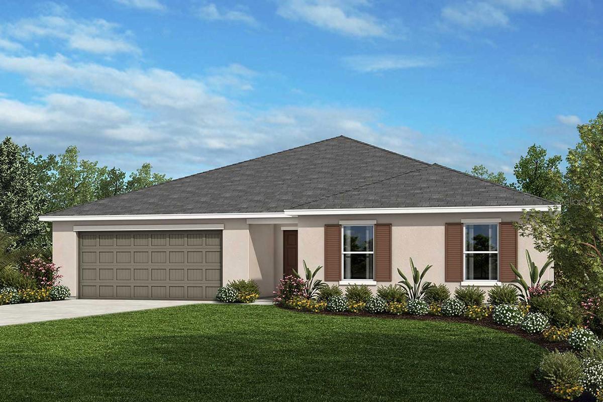 Under Construction. This beautiful single-story home welcomes you from the moment you walk through the front door. As you make your way down the entryway you will be greeted by the expansive great room and kitchen all featuring tile flooring and volume ceilings. Leading out from the great room is an extended covered patio perfect for hosting friends and family! The kitchen includes an at-eat island, stainless steel Whirlpool® appliances, 42-in. upper cabinets, and granite countertops. This floorplan offers three secondary bedrooms, each with ample closet space of their own. Located next to the great room is the primary bedroom with a connecting bath, an extended dual sink vanity, a linen closet, and a walk-in shower with title surround. Community offers no CDD, and lawn maintenance is included.