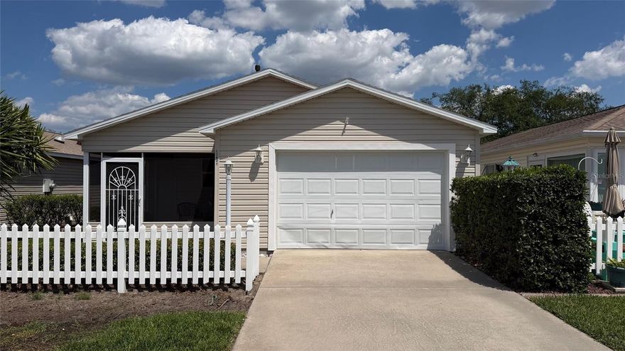 Turnkey Patio Villa -

located north of Hwy 466 near Nancy Lopez Country Club.

Newly remodeled, modern, charming 1 bedroom, 1 bathroom, with a screened-in lanai and attached garage. The front door has both a Schlage nickel plated electronic combination dead bolt entry as well as a traditional keyed door lock. There is a sliding glass door and a sliding screen door to the outdoor private BBQ grilling area.

The large backyard (visible through the bedroom window and the living room window) provides a completely private view (you are not looking at someone else's Villa). There is very little traffic on the cul-de-sac street and great neighbors. The Villa is located near several Executive golf courses and the Chatham and Calumet Grove recreation centers and swimming pools.  The nearby Publix shopping center and drug stores are accessible by golf cart. There are no barking dogs, no sewage plant smell, and no pickle ball noise.

The Villa has a new roof installed in November, 2022.

Inside, the popcorn ceiling has been removed and replaced with a smooth white ceiling. The walls are freshly painted in a sea-salt color throughout house. The doors and trim work are newly painted white. The bedroom has a king size bed with a walk-in closet. There are 2 wall-mounted smart TVs, Wi-Fi enabled by fiber optic, with concealed electrical or cable wires. The living room has both a high-quality sleeper sofa and a Murphy bed (the Villa sleeps up to 6 people).  

Remodeling also included new brushed nickel ceiling fans, new white electrical light switches and white electrical outlet sockets (two with C-style cell phone chargers.

The bathtub has safety grab bars and a new shower head. The window treatments are classy, upgraded window blinds and window drapes.  

The exterior screens on windows and the lanai have been replaced. The lawn has newly sodded grass in front, side and back of house. All this maintenance has been done for you to enjoy.