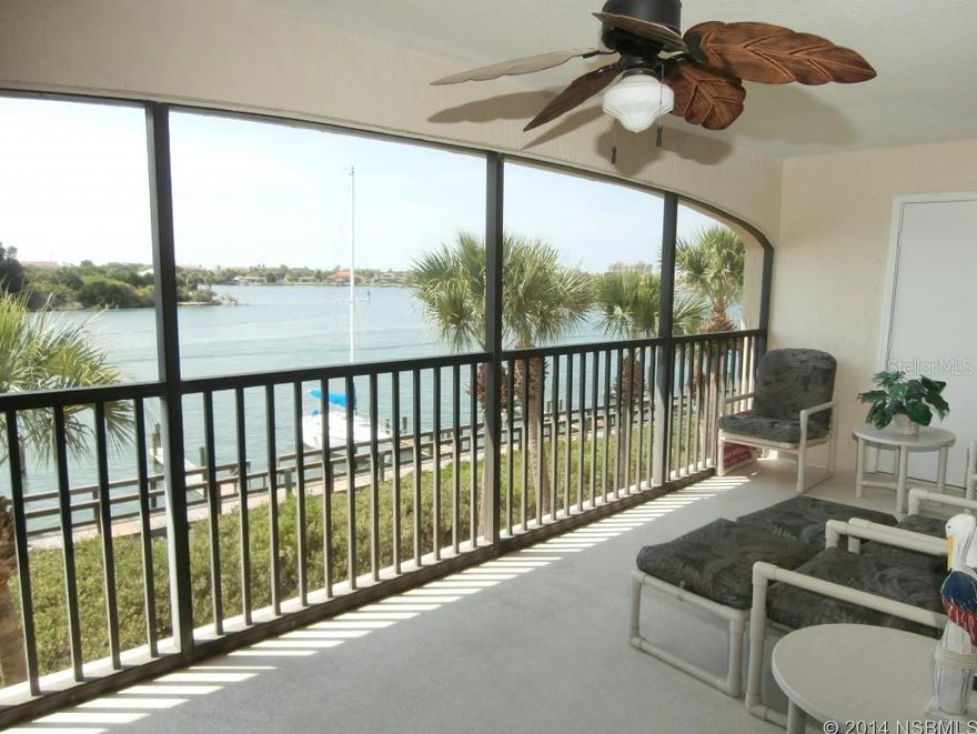 Riverfront beachside 2/2, top (3rd)-floor remodeled condo with cathedral ceilings and elevator access.  Kitchen and baths have granite countertops, under-mount sinks, Kraftmaid cabinetry and Italian tile flooring.  Kitchen granite backsplash.   S/S appliances and front-load washer & dryer.  Master bath has his-&-her vanities.  Swarovski chandelier and granite bar in dining area.  Built-in office desk with mirrored hutch.   Watch yachts, dolphins, pelicans and spectacular sunsets from your bedroom, kitchen, office, dining/living room, and 22-foot screened balcony.  Patio furniture is included (seats 6).  Amenities include a 1/2 mile boardwalk, fitness room, tennis, putt-golf, 2 pools and rentable clubhouse.  Boat launch and storage.  Unbeatable dockage fees for owners.  Minutes to drive-on beach, upscale local restaurants and Daytona events. ;LocationDescription: Condo ;Water: City