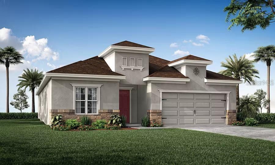 Under Construction. New construction home with 2029 square feet one-story including 4 bedrooms, 2.5 baths, and an open living area. Enjoy an open kitchen with Samsung stainless steel appliances, pantry, and a spacious counter height island, fully open to the dining café and gathering room. The living area, laundry room, and baths include luxury wood vinyl plank flooring, with stain-resistant carpet in the bedrooms. Your owner's suite is complete with a walk-in wardrobe and a private en-suite bath with dual vanities, a tiled shower, and a closeted toilet. Jack-and-Jill Hall bath with an enclosed tub and toilet, accessed from bedrooms 3 and 4. Plus, enjoy a covered lanai, 2-car garage, custom-fit window blinds, architectural shingles, energy-efficient insulation and windows, and a full builder warranty. Please note, virtual tour/photos showcases the home layout; colors and design options in actual home for sale may differ. Furnishings and décor do not convey.