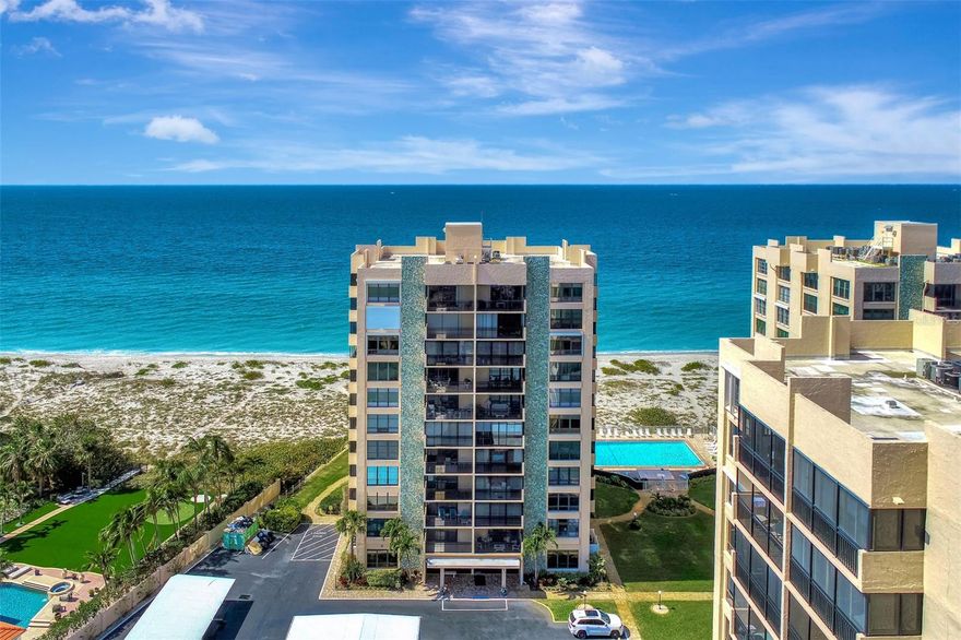Life at it's BEST! Is there anything better than living on the Beach enjoying the GULF EVERYDAY? Welcome to Valencia on the Gulf an award-winning beachfront property on the Island of Venice! This Gulf front condo is on 10th floor, with Hurricane Impact Window and Doors, Is MOVE-IN-READY, Furniture Stays, Including Washer and Dryer in Unit! Condo has two balconies and every room overlooks the GULF and BEACH! This 2-bedroom, 2-bathroom is TRULY COASTAL LIVING! Condo has been remodeled with level 5 Cabinetry, Granite Countertops, Luxury vinyl flooring flows through the entire living area of condo, ceramic title in Wet Areas, and Primary Bathroom has been remodeled with Porcelain shower title, large enough for shower bench! Valencia on the Gulf is a well-maintained community featuring private beach with private heated swimming pool, fitness center has been remodeled, library-card room, shuffleboard, outdoor grilling areas, bike storage and ground floor storage closet is ideal for your beach gear. Buildings have been painted in 2024, new roofs, 2023. new covered carports 2025. Valencia is a secure community with cameras and key fob access to elevators and amenities. BEST OF ALL, this location is waling distance to Historic Downtown Venice, Boutique Shopping, Dining, Arts Center, Venice Theater and Venice Library! Call today for your private showing!