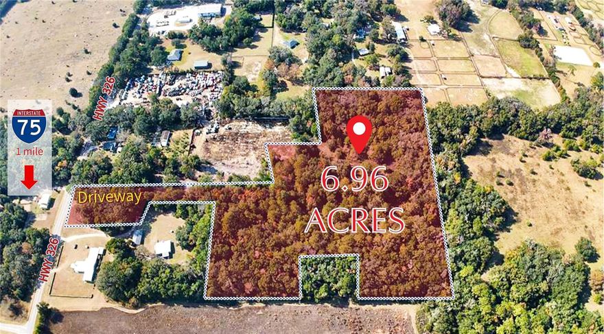 Located just one mile from I-75, this exceptional 7-acre vacant lot in NW Ocala has effortless access to Gainesville, Tampa, and Orlando. This hidden gem would be a golden opportunity for savvy developers/investors looking to capitalize on the explosive growth occurring along the W Highway 326 corridor. With subdivision potential, this property is perfectly positioned to meet the surging demand for residential development in NW Marion County. Whether you're planning a residential subdivision, positioning for future development, or land banking in one of Florida's hottest markets... this is the one. This gem won't stay hidden for long so be sure to schedule your showing today! All outlines and dimensions are approximate. Buyer is responsible for verifying all property info. **Previously drawn subdivision plan is also available for review.