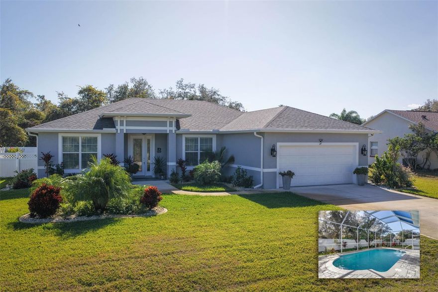 Welcome to this like new stunning split 3 BR/2BA/2 car garage pool home located in highly sought-after F section of Palm Coast. Built in 2023 with pool added in 2024, this exceptional custom home offers a modern design with premium finishes. As soon as you enter through the foyer, you'll instantly notice that this home is a perfect blend of elegance and functionality. You're greeted by beautiful tile flooring and soaring 9.4" height ceilings adorned with tray and crown molding. The open floor plan seamlessly connects the living , dining and kitchen area creating an inviting interior perfect for relaxation or entertaining. The heart of the home is the kichen complete with granite counter-tops, a spacious island ideal for both daily meals and entertaining, ample counter space,  42" "shaker white " cabinets, pantry and stainless steel appliances. The primary suite is privately tucked away for ultimate privacy with a walk in closet and its own bathroom with dual granite top vanities, a large walk-in tiled shower. On the opposite side of the home, two addiotional bedrooms are generously sized and share a well- appointed bathroom with tub. In house laundry with cabinets for additional storage. Step outside to your own private paradise where you will enjoy the beautiful Florida weather and outdoor living space either in the lanai with a summer kitchen perfect for al fresco dining and gatherings or in the pool with a fully fenced backyard meticulosly landscaped with lush fruit trees, plants, vibrant flowers and a sense of serenity. Convenientely located near shopping , medical, dining, the beach and recreational options, this homes offers the perfect balance of luxury and praticality. Don't miss your chance to experience the best of Florida living . Addiotional features: backyard shed, oversized lot;  Crown molding in living room and master bedroom, security cameras, gutters all around, well & sprinkle system. Schedule your private shwing today!