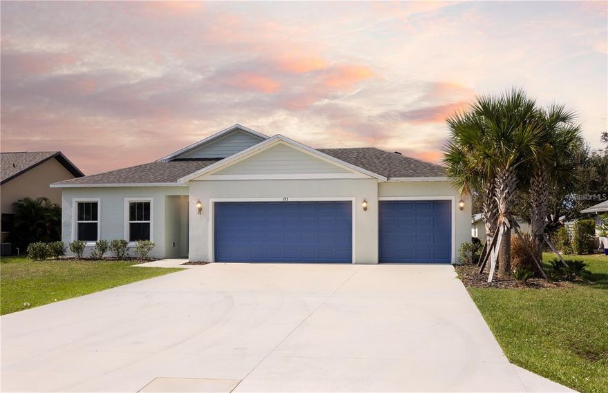 Short Sale. ***NEW CONSTRUCTION, NO WAIT, MOVE IN READY!*** Elevate your lifestyle with the opulence of the Sanibel II floorplan presented by Carpenter Homes—a masterpiece within the Florida Living Series, certified by the Florida Green Building Coalition (FGBC). This home features 4 bedrooms and 2 full bathrooms. This dream home is designed and built to immerse you in luxury!

As you enter, a beautiful kitchen welcomes you, with an expansive, oversized bar that seamlessly flows into the living and dining area. The finesse of soft-close, Painted Slate 36" cabinets, SoHo Canvas White 4x16 subway tile backsplash, and upgraded Miami White quartz countertops add a functional touch of luxury to the kitchen. Kitchen upgrades include a Moen Align matte black kitchen faucet, garbage disposal, and sleek stainless steel energy efficient appliances. This home exudes sophistication with a vaulted ceiling that unveils a spacious Florida Room, creating an indoor-outdoor haven. Additionally, Carpenter Homes provides an upgraded matte black lighting package including pendants over the kitchen bar, and vanity fixtures in both bathrooms, accenting the overall lighting design. Matte black finish ceiling fans in each bedroom, as well as the great room, helps to circulate air flow and keep you cool in the Florida weather. Complimenting the expansive living area is Magnisi Silver 18x18 ceramic tile flooring.

The Owner's suite is a sanctuary of indulgence, showcasing dual sinks, impeccably tiled Magnisi Silver 8x12 walls in the shower, and a generously sized walk-in closet.

The home boasts Magnisi Silver 8x12 upgraded tiled walls in in the second bath/shower, a Miami White quartz vanity top, and Moen Align matte black faucets and shower/tub trim kits. The ampleness of this home continues with a utility room, and additions such as energy-efficient R-4.1 insulation on concrete exterior walls, Taexx tubes for pest control, and fabric hurricane shutters for every window. The Florida friendly landscaped yard is complemented by an irrigation system with a rain sensor to help maximize efficiency.