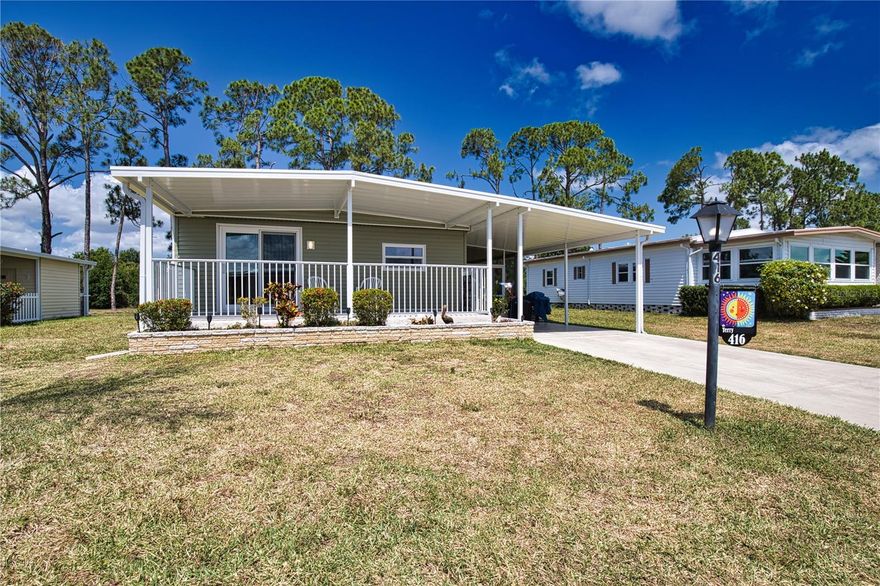 The ultimate lifestyle on Florida's Gulf Coast, located between Sarasota and Fort Myers with boat access to the Gulf.  La Casa is a quiet 55+ community of 974 homes nestled among a variety of native trees.  Spacious common grounds surround our eight lakes. Welcome To the Good Life!  RECREATION, 2 Clubhouses, 2 Heated Pools.  There is no shortage of activities in this community!  2 Bedroom, 2 Bath. Entry to a beautifully remodeled kitchen w/soft-close cabinets, tiled backsplash, new appliances, recessed lighting, luxury laminate-wood-vinyl flooring, and Corian countertops. Dining room w/built-in hutch. Living room new sliding door to a front, raised, covered patio w/roof and fence. Hall utility closet. Guest bedroom w/king bed and large walk-in closet. Guest bath w/new walk-in shower, hi-boy commode, vanity, and linen chest. Primary bedroom w/new furniture features a king bed and a remodeled dressing area w/new double-sink vanity and dressing table and a large walk-in closet. Primary bath w/new walk-in shower and hi-boy commode.  Luxury laminate vinyl waterproof flooring throughout. A/C, humidistat, ceiling fans. A/C is serviced annually by Tri-County. New doors and windows throughout. Bahama shutters on the side and rear of the home. New exterior siding, well insulated. Carport to the screened lanai. Utility room w/40-gallon water heater, washer, dryer, storage as well as a rear utility room w/work bench, storage. Located on a quiet La Casa street with a private backyard area overlooking our 40 acres. Home is being offered "Turnkey). GOLF CART INCLUDED!