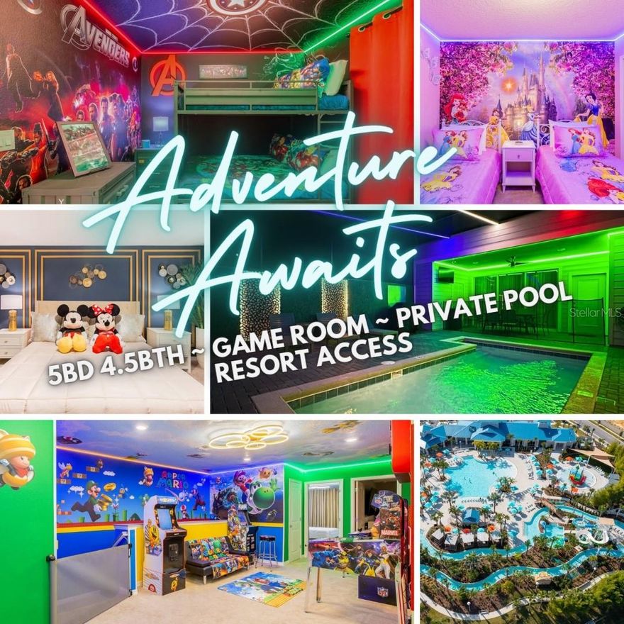 Fully furnished Themed short term rental. LED lighting inside and out. Game room in the house! Open layout with modern kitchen and private pool. Windsor Island Resort has amazing amenities:  mini-golf, a resort style pool, waterslides, lazy river, and bar and restaurant. This home will impress any guests!