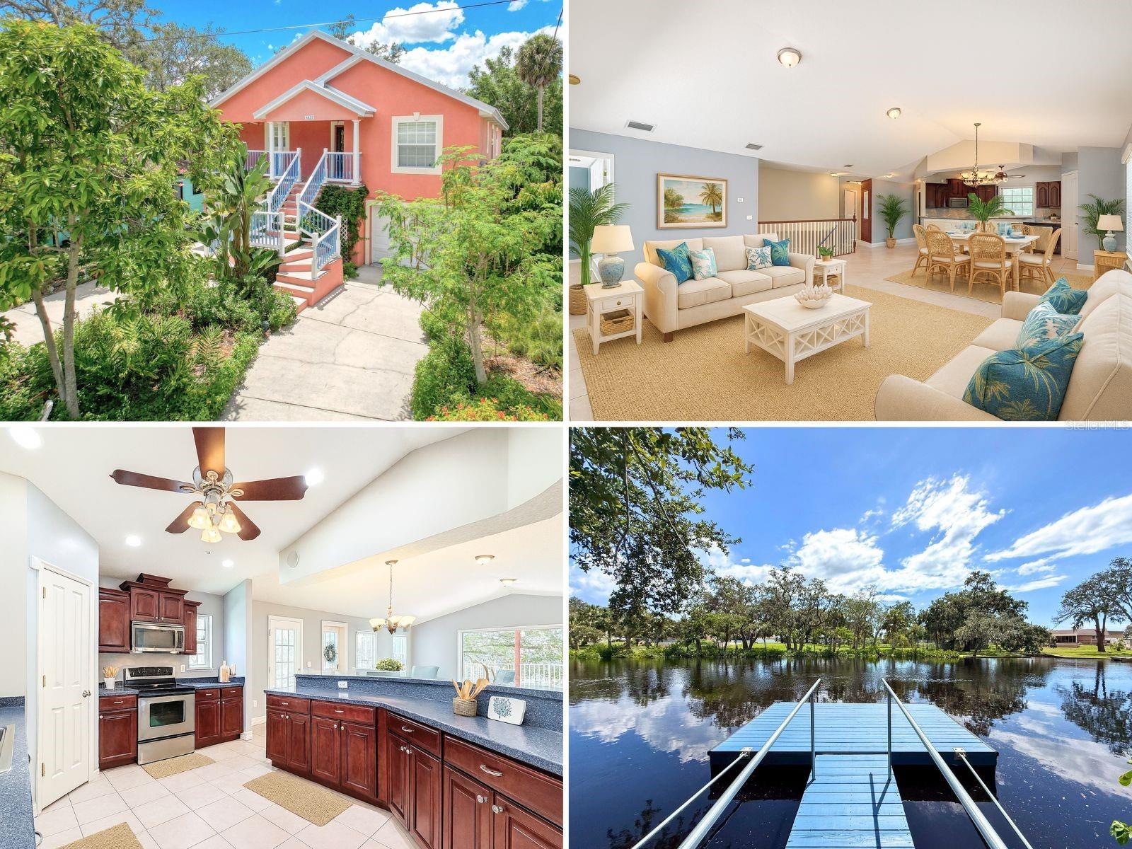 One or more photo(s) has been virtually staged. IF YOU’VE BEEN DREAMING OF A RIVERFRONT LIFESTYLE IN THE HEART OF DOWNTOWN NEW PORT RICHEY, THIS HOME MAKES IT A REALITY. From the moment you arrive, the coastal Florida style and tropical color palette set the tone for the serene escape that awaits. Elevated an entire story, the home offers a rare combination of peace of mind and practicality. There's been NO FLOODING, not even into the garage. The ground level provides an expansive tandem garage space with room for multiple vehicles, plus a golf cart, and still plenty of storage for your water toys and gear. Step upstairs into the bright, open floor plan where high ceilings and walls of glass frame incredible, calming views of the river. A fully retractable slider opens wide to create seamless indoor outdoor living, letting the breeze flow through. This kitchen was designed to capture Florida style, with solid wood cabinets and quality craftsmanship. The primary suite offers a walk in closet and ensuite with a garden tub and a jetted shower. The home features multiple outdoor living spaces, including two back balconies overlooking the water and a welcoming front porch. Out back, mature tropical landscaping surrounds your private paradise, offering shaded spots to relax and unwind. At the water’s edge, a floating dock invites you to launch a kayak, fish, or simply enjoy the beauty of the river. Living here means more than just a beautiful home, it is a lifestyle. Enjoy peaceful mornings on the balcony, afternoons on the water, and evenings strolling through downtown New Port Richey’s charming shops, restaurants, and parks. With quick access to Tampa, St. Pete, and the Gulf beaches, you are perfectly positioned for both work and play. Opportunities like this, a no flood riverfront home in a vibrant downtown location, are rare. Scrolling through the photos will give you a glimpse of how special this home is, but SEEING IT IN PERSON will likely make you FALL IN LOVE. Do not miss your chance and schedule your private tour today.