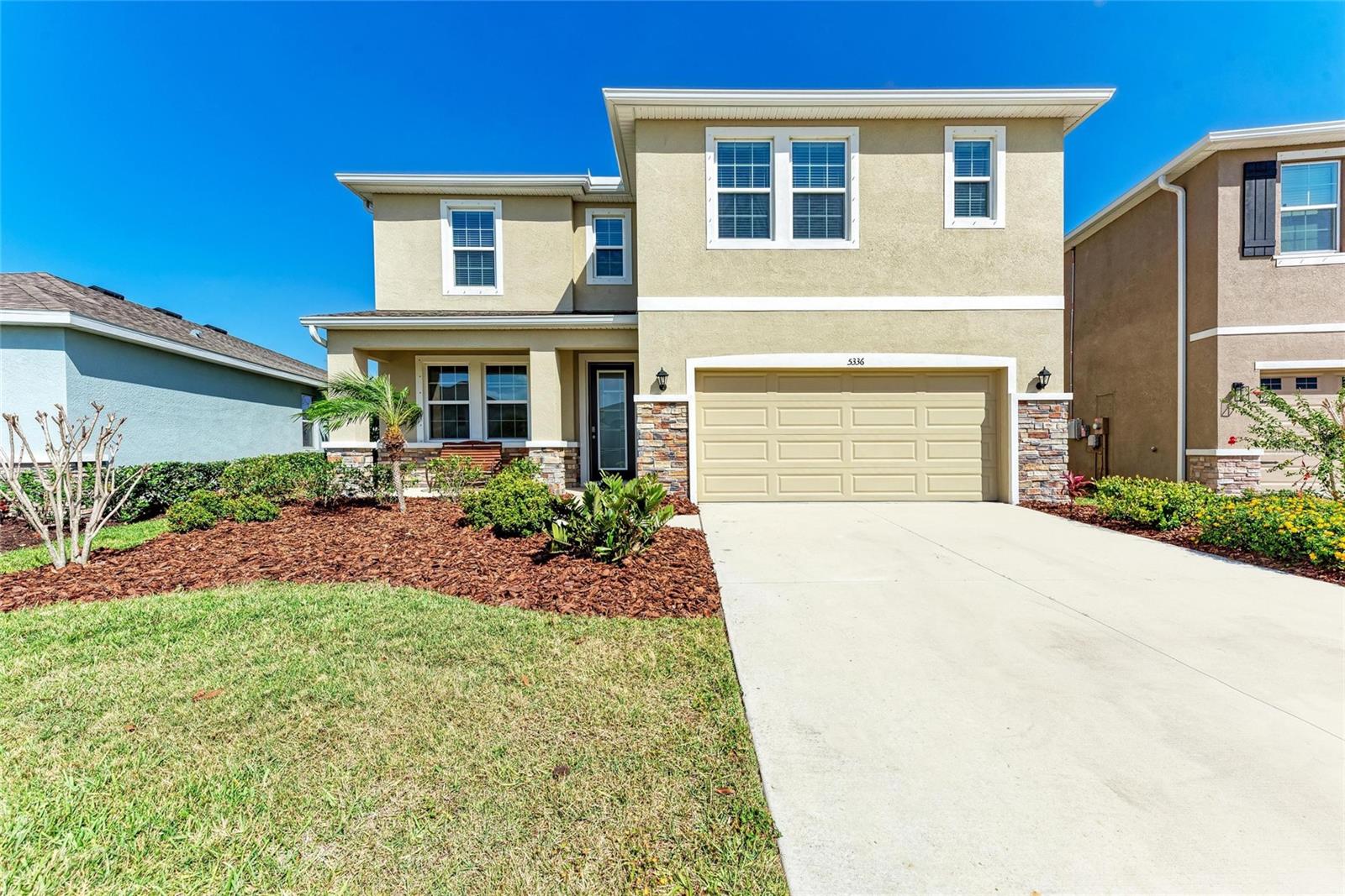Stunning 5-Bedroom Home in Solera at Lakewood Ranch! This Floor Plan is no longer available from builder in this community. Welcome to 5336 Grove Mill Loop, a beautifully crafted two-story home in the sought-after Solera community of Lakewood Ranch! Built in 2022 by D.R. Horton, this spacious 3,615 sq. ft. residence offers modern living with high-end finishes and thoughtful upgrades. This home has Block Construction on both floors. Step Inside through beautiful Glass Entry door to find Granite Countertops, Solid Wood Cabinets in Kitchen. Very Spacious Living Room has everything to spend quality time with family including 3 windows for Florida Sunshine. There is One Bedroom with Bath, Powder Bath and Flex Room/Office is also on 1st Floor. Once you take steps upstairs, you will enter in Very Spacious Loft area where you can make Game Room for your kids, Media Room etc. How about Screen in Lanai to enjoy your Coffee in Sunshine. Solera features Community Pool, Playground and very close to all major shopping and restaurants. TOP RATED SCHOOLS in Lakewood Ranch.