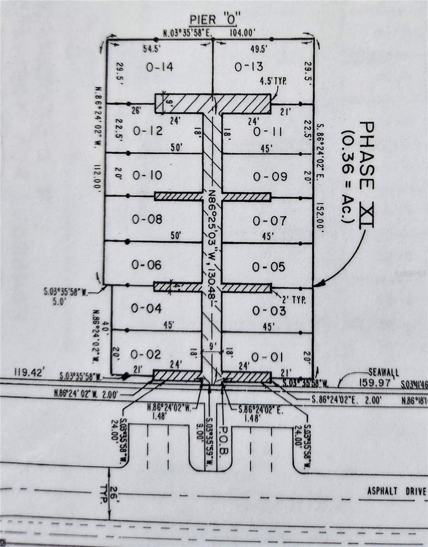 104 ft. x 29.5 ft. Boat Slip at Longboat Key Moorings Marina. This is a 104 ft. long T-dock/face dock ready to accommodate a large yacht; ample electrical service outlets. O-13 is 49.5 feet, and O-14 is 54.5 ft, because this slip is deeded as two slips, two boats are permitted. Direct access to Sarasota Bay and the ICW with exceptional views of Sarasota Bay. The deep water marina is as much a luxury resort as any other neighborhood on the island, thanks to individual slip ownership, Marina village that includes restaurant, shopping (close to Publix, CVS, and other specialty shops), recreational and social activities, on-site maintenance and concierge services. Electric, water and wireless internet access at each slip. Free shuttle o St. Armand's Circle. The Marina has everything a boater could need. Membership at the Longboat Key Club is available for an additional fee. Longest vessel permitted at the dock is 99 feet, usable beam is 25 feet. Vessel must be approved prior to entering the marina.  A photo and boat specs must be provided to the Association.