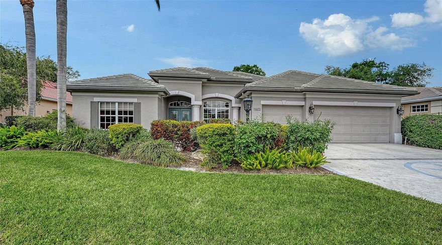 Exceptional pool home in the gated community of Treymore at the Villages of Palm Aire. Arthur Rutenberg-built residence offering 3 bedrooms plus DEN, 3-car garage, and a bright, open layout designed for comfortable Florida living. Impeccably maintained and perfectly positioned on a private, fenced homesite. Recent updates include ROOF replaced (2022), tankless water heater (2021), A/C (2026), and a heated saltwater pool with newer salt cell (2025). Light and airy interior with rich designer colors, high ceilings, crown molding, and hardwood and tile flooring throughout. The light-filled great room seamlessly connects to the kitchen and formal dining room, with triple sliding glass doors opening to the expansive lanai for effortless indoor-outdoor living. The well-appointed kitchen features abundant  cabinetry, built-in desk, and Frigidaire Gallery stainless steel appliances, including a gas range. A charming breakfast nook with bay window seating and sliding doors, overlooks the outdoor living area. A split bedroom layout provides privacy, while the spacious primary suite features dual walk-in closets, private lanai access, and an ensuite bath with split vanities, large shower, and soaking tub. A den tucked at the front of the home is ideal for a private office or study. Fabulous laundry off the kitchen with more storage! Outdoor living is truly exceptional, featuring an expansive screened lanai, covered entertaining area, and a heated saltwater pool, perfect for relaxing or hosting guests, all set within a tropically landscaped fenced backyard. The 3- car garage has storage shelving. Residents of Treymore enjoy low HOA fees, no CDD fees, and the security of a gated neighborhood. Ideally located near the University Parkway corridor, just minutes to UTC shopping and dining, SRQ Airport, downtown Sarasota and Bradenton, and within a short drive to world-renowned Gulf Coast beaches. Optional membership to Palm Aire Golf & Country Club offers access to golf, tennis, pickleball, fitness, and an active social lifestyle.