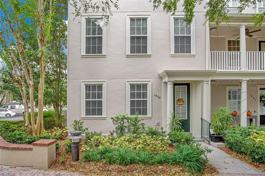 Walk through the vine-covered arbor into the courtyard and find this beautiful end-unit Baldwin Park townhome.  This home has many updates and its only 3 blocks from the Baldwin Park Town Center.  This quiet location can’t be beaten, right by the pool, fitness center, and clubhouse.  This lovely home has new flooring, paint, and new HVAC (1 year) new custom closet in the primary bedroom and a new hot water heater. It features a large kitchen with a center island, open-concept floor plan and balcony off the kitchen that overlooks the community pool next door. There is an ensuite for each bedroom and an oversized garage.  Experience the serenity of this charming courtyard where no cars drive in front of your home. Plenty of guest parking is conveniently located just outside your door. Walk to restaurants, CVS, Publix and all the beautiful playgrounds and parks that Baldwin Park has to offer. This home is ready to move right in and once you experience the lifestyle this community has to offer, you will be so happy you found this gem of a townhome. Winter Park’s renowned Park Ave with fabulous shopping and dining, Downtown Orlando, and Orlando International Airport are all about a 15-minute drive.