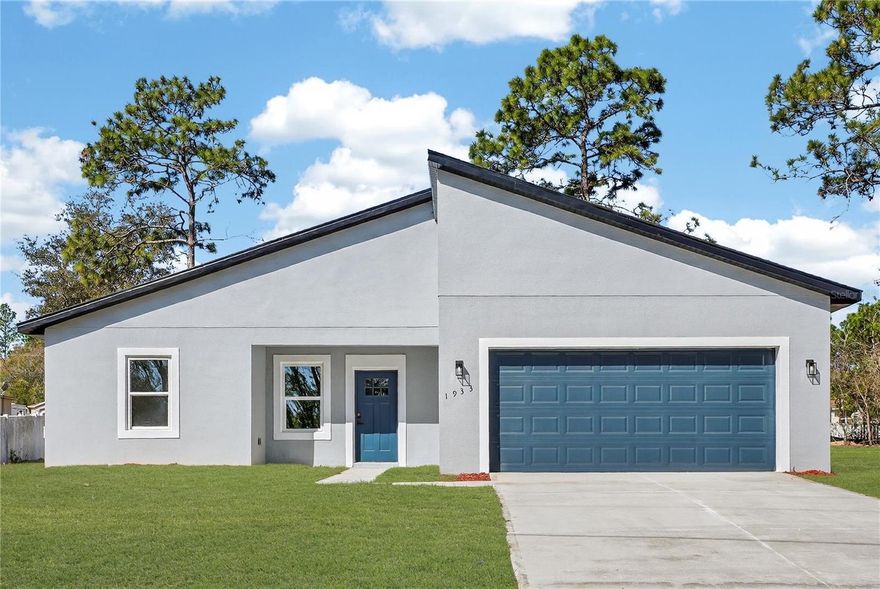Up to $5,000 toward buyer's closing costs ($3,000 seller credit + $2,000 listing agent credit if under contract within 30 days). Modern new construction 4-bedroom, 2-bath home on a 0.24-acre lot in a peaceful area of Dunnellon. Open-concept layout with a contemporary kitchen featuring white quartz countertops, shaker cabinets, stainless steel appliances, backsplash, and a large island. Split-bedroom floor plan for added privacy. Primary suite includes walk-in closet and porcelain-tiled bath with upgraded glass shower enclosure. Built with concrete block and stucco, plus a 2-car garage and spacious backyard with patio. Located near Rainbow Springs State Park, KP Hole Park, and the Rainbow River. Buyers broker compensation to be determined in purchase contract.