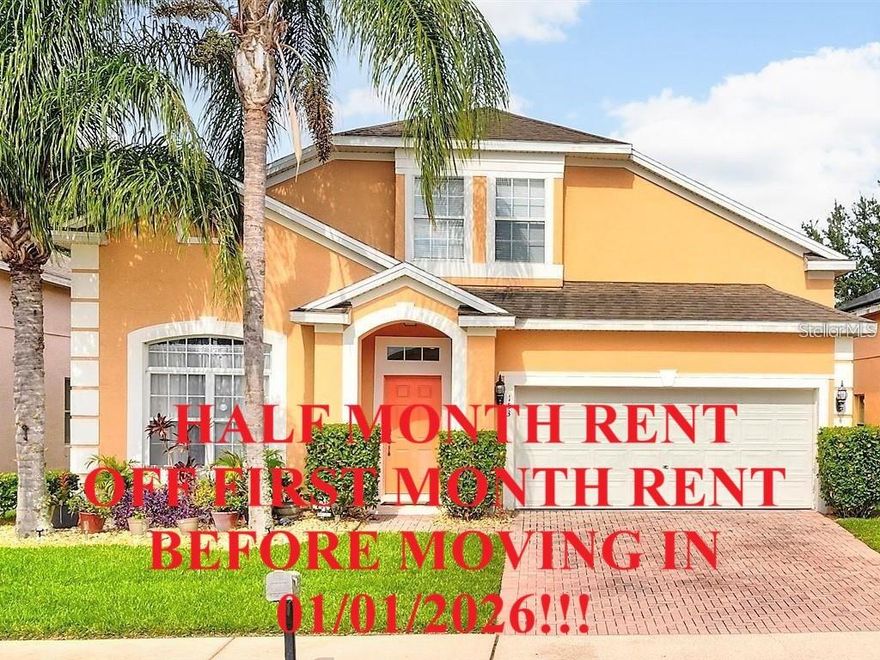 HALF MONTH RENT OFF FIRST MONTH RENT BEFORE MOVING IN 01/01/2026!!! This is a Beautiful & Spacious Single-Family “FURNISHED “Pool Home with 5 bedrooms, 3.5 baths, with approximately 2488 Sq.Ft.  living space.  One bedroom is located downstairs, and the rest upstairs.  One half bath across from the 3 pool doors. Home opens to a formal living room/dining room combo. There is a family area with a dining room, living room combo. The kitchen is fully equipped with appliances. Flat screen TVs in the living room and bedrooms. The downstairs master bedroom has a large bathroom. Ceramic tile in common areas and carpet in all bedrooms.
Minutes away from the new Posner Park shopping mall, with banking, shopping & restaurants at your fingertips, and entertainment is a short distance away. Take a 10-minute drive on the I-4, and you will be right at the major outlets. Close to theme parks and major highways, you have found our cozy town right in the heart of Florida at the community of Vizcay in Davenport, FL. Off Highway 2,7 approximately 1 mile away from I-4 exit 55.