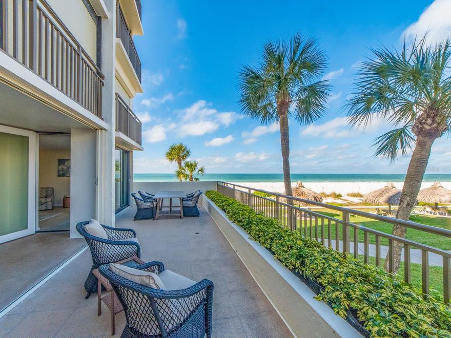 Come right out your patio door and be steps away into the soft sands of the Gulf beaches from this beautifully appointed 2-bedroom, 2-bath condo. Perfectly situated on the first floor, it offers an oversized private patio where you can relax, entertain, and enjoy the soothing sound of waves crashing just steps away. Inside, the spacious open layout is designed to maximize natural light and highlight the stunning water views. The primary suite features its own en-suite bath, complemented by a comfortable second bedroom for guests or family. Whether you’re sipping morning coffee as the sun rises or hosting sunset gatherings with friends, this Gulf-front retreat delivers the perfect blend of comfort, convenience, and coastal charm. Features an under-building parking spot and a 24-hour guard gate for added security. Walk just across the street for dining, shopping and public transportation. Come see what Sand Key has to offer!