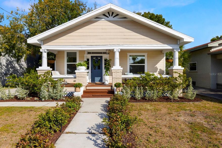 Charming, restored bungalow on a prime street in the highly sought-after Mitchell, Wilson, Plant school district, located high and dry in Flood Zone X. Thoughtfully updated for modern living while preserving its original character, this home features a 2022 roof, 2023 HVAC, a tankless gas water heater, and mostly replaced double-pane windows.
A large shaded front porch sets the tone, leading into a light-filled interior with gorgeous wood floors and period-appropriate decorative details. The living and dining areas flow seamlessly into a newly renovated kitchen, creating an ideal space for entertaining and everyday living. The primary suite offers a generously sized bedroom and a private bath with a custom double-sink vanity. A spacious second bedroom pairs with a renovated hall bath featuring a custom vintage vanity and generous linen storage.
Outside, enjoy a fully fenced backyard with a paver patio and storage shed, providing the space you need both indoors and out. Just around the corner from Villa Brother Park with pickleball and basketball courts, a playground, walking trail, and dog park, and only minutes from the University of Tampa, Downtown Tampa, and Tampa International Airport, this home delivers the best of South Tampa living.