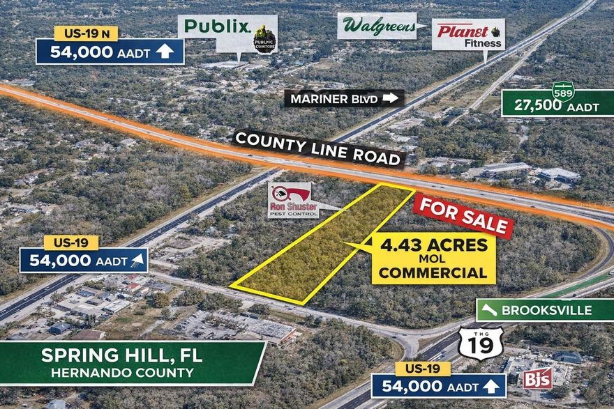 Property Highlights
* Size: ±4.43 acres (155’ frontage × 1,240’ depth) MOL
* Zoning: Commercial
* Frontage: County Line Road – divides Hernando & Pasco Counties
* Flood Zone: X (no flood insurance required)
* Access: Asphalt road frontage with strong visibility & traffic counts
* Utilities: Power at site; water/sewer availability nearby (verify)

Why This Site
? Strategic County Line location – excellent for retail, office, or service commercial uses?? Positioned between Hernando and Pasco County growth corridors?? High-visibility frontage on a major east–west connector?? Surrounded by established residential, retail, and medical development?? Easy access to Suncoast Parkway, US 41, and US 19

Investment Opportunity
* Mid-county location with strong growth and traffic counts
* Commercial zoning in place
* Rare opportunity to secure frontage along a rapidly developing corridor

Location: County Line Road, Hernando County, FL.       Asking Price: $649,000 (approx. $146,500 per acre)