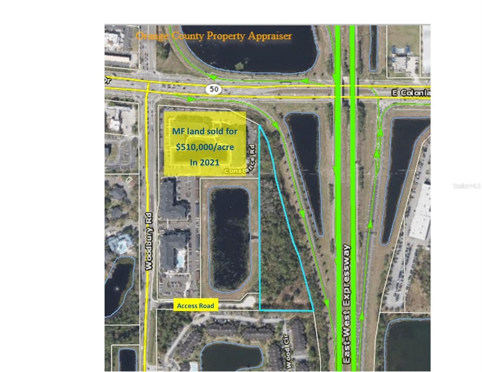 HUGE PRICE REDUCTION! County up-zoning parcel to 30 du/ac!
Property is at the junction of E Colonial Drive and the terminus of SR 408 and is surrounded by upscale apartments, single family, and newly developed retail.
Orange County Vision 2050 is upzoning the parcel to newly created T4.1 Transect (new name for Zoning District) and Proposed Place Type (new name for Future Land Use) of Traditional Neighborhood, with a max density of 30 dwelling units per acre.
County shows 3.15 acres buildable, 1 acre of wetlands at the north end of the property.
Parcel is adjacent to recently built luxury apartment complexes that sold for $510,000 per acre in 2021.
Located on access road off Woodbury Rd. East Colonial has 46,500 vehicles per day and Woodbury Rd has almost 20,000 vehicles per day.
Located minutes from UCF, Central Florida Research Park, Valencia College, Waterford Lakes, and every kind of retail available nearby. 15 minutes to downtown Orlando via the 408 Expressway.