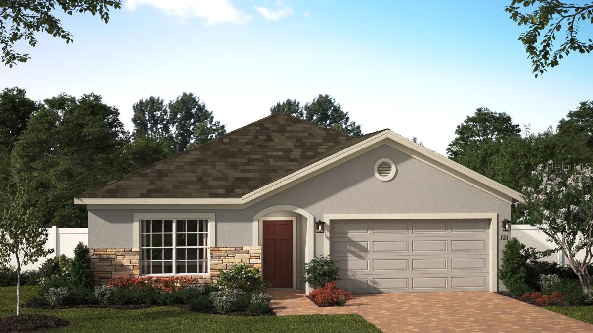 Under Construction. Beautifully crafted—this stunning Kensington Flex plan offers privacy with no rear neighbors and a versatile open-concept design featuring 4 bedrooms, 2 baths, and a flexible front Living area perfect for a home office. Soaring 9'4" ceilings enhance the spaciousness, while beautiful tile flooring in 1st floor main living areas, and included window blinds throughout, add style and convenience. The upgraded Kitchen features 42" cabinets, quartz countertops, tile backsplash, a large island, and stainless steel appliances. The inviting Family Room opens to a covered Lanai, ideal for entertaining or relaxing outdoors. Retreat to the elegant primary suite with a luxurious ensuite bath including dual sinks in adult-height vanity, walk-in shower, and ample closet space. Exterior upgrades include stone accents on front of home, and a brick paver driveway and lead walk, offering impressive curb appeal. Trinity Place offers great amenities including resort-style pool and cabana, a shaded tot lot for the little ones, and a dog park. Community is conveniently located near Shopping and Dining, with easy access to major thoroughfares.
