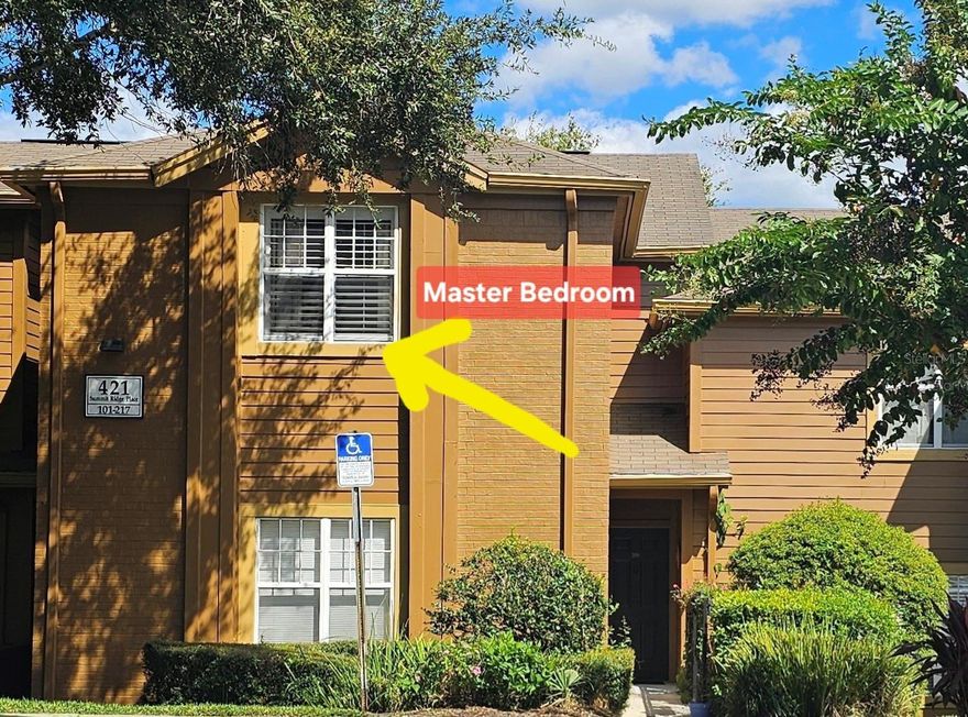 Almost 1000 square foot condo which has a feel like a townhome as you enter on first floor and then stairs to the actual condo where you have a spacious living/dining room combo with a nitch for a china cabinet or buffet stand.  It is an open floor plan with fully equipped kitchen with refrigerator, stove, dishwasher, microwave and modern light fixtures and a window with shutters as well.   Living room has 2 large picturesque windows with custom made shutters with a view to the screened in balcony with a beautiful french door.  The laundry room is inside with a French door which has the hot water heater tank which was replaced in 2024 and has a washer and dryer as well.  There is tiles throughout the condo, crown molding, plantation shutters, tiled balcony, AC replaced in 2024, microwave 2024 and washer only 5 years old.  Community is gated with a beautiful clubhouse, well-equipped fitness center, luxurious resort-style heated lakeside pool, tennis court, playground, picnic area with grills, and a car wash station for keeping your car cleaned.  HOA fee covers all the amenities, exterior maintenance, water,sewer,garbage as well as fiber optic internet which was an added feature in 2025.  Located in a top-rated school district, close to shopping, dining, major highways like I-4, ST 436, and SR 434.  So come and check out this artsy, deco condo in Residences of Sabal Point.