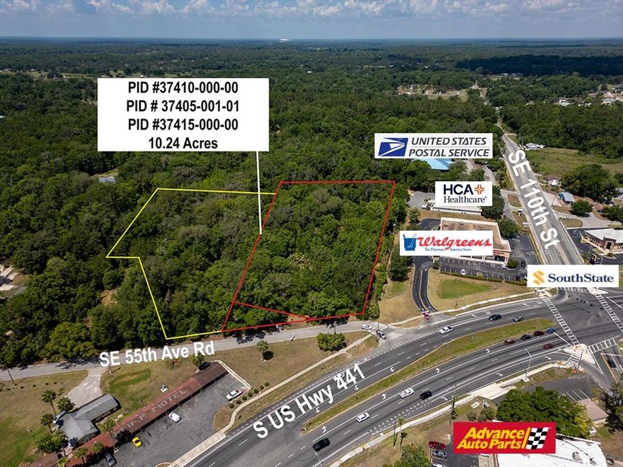 NEXT TO WALGREENS! B-2 COMMERCIAL 10+ acres high, dry and flat with all-important electric, water and sewer utilities in the City of Belleview.  Near the intersection of 110th St. and Hwy. 441 with 550' frontage on paved 55th Ave Rd next to Walgreens and the Post Office. Exceptional opportunity to acquire only 5 of the 10+ acres as well. Ideally situated just off & overlooking Highway 441 with desirable B2 zoning, this property is well-positioned for a wide range of commercial and business uses, including retail, office, service establishments, medical, restaurants, and more. Up and coming “Belleview, the City in the Center,” is a short commute to Ocala, Silver Springs, Summerfield, The Villages, Ocala National Forest and I-75. The fastest growing area in Florida has a drastic shortage of popular commercial projects to support the rapidly expanding workforce and retiree population.