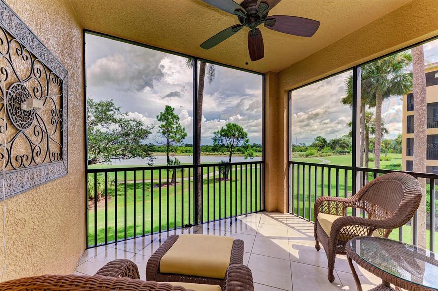 PERFECT LOCATION, GOLF DEEDED, NEWER A/C, TURNKEY AND FURNISHED…. This property has it ALL. Experience refined Florida living with this highly sought-after Colonnade Model—the largest condo design in River Strand Golf & Country Club. Perfectly situated on the second floor, this end-unit residence showcases sweeping panoramic views of the golf course and lake, creating a picture-perfect backdrop for everyday living. Offered turnkey, fully furnished, and move-in ready, the home features a spacious split-bedroom floor plan with 2 bedrooms, 2 bathrooms, and a versatile flex room with a sleeper sofa, ideal as a third bedroom, office, or retreat. The gourmet kitchen boasts BEAUTIFUL cabinetry, granite countertops , stainless steel appliances, and a breakfast bar that flows seamlessly into the open living and dining areas, while a private screened lanai overlooks the 6th hole on the Estuary Course. Elegant upgrades include custom crown molding, designer finishes, and a generously sized storage unit, complemented by a newer HVAC system (2023) for year-round comfort and efficiency. Ownership at River Strand provides access to world-class amenities, including 27 holes of championship golf designed by Andrew Green, two resort-style pools plus six satellite pools, a grand clubhouse with a full-service restaurant, grill room, and tiki bar, two modern fitness centers, 9 tennis courts, 8 pickleball courts, and a year-round calendar of social and fitness activities. Ideally located just minutes from I-75, Costco, shopping, dining, and Florida’s award-winning Gulf Coast beaches, this residence perfectly combines luxury, convenience, and recreation within one of the region’s most desirable communities.