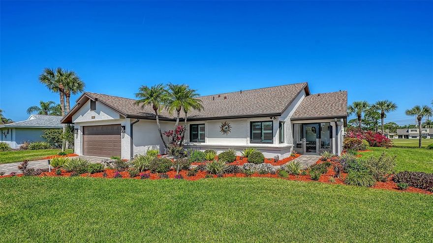 Wake up to sweeping golf course and lake views in this move-in ready 3BR/2BA plus den pool home. Start your morning with coffee in the screened front entry or soak in the Florida sun by the heated saltwater pool and spa. Enjoy lunch in the bright kitchen’s bay window dining nook with built-in banquette seating, then retreat to the cozy den—perfect for a home office, TV room, or game room. The spacious primary suite is your private sanctuary, complete with a custom designer closet, updated flooring, and a beautifully renovated bath. Travertine tile, plantation shutters, and thoughtfully updated lighting flow throughout, creating an inviting and light-filled interior. Recent upgrades, including a new roof (2020), impact windows, updated A/C, and pool equipment, provide modern comfort and peace of mind. Step outside to the covered patio and imagine evenings spent entertaining or relaxing while taking in the tranquil views. Located in The Meadows, a tropical resort-style setting, where residents enjoy miles of scenic trails, a fitness center, a Junior Olympic pool, pickleball, dining, golf, and a premier tennis complex with Har-Tru courts. Just minutes from UTC, Nathan Benderson Park, and a short drive to Sarasota’s beaches, arts, and culture, this home combines serene living with effortless access to all the best of Florida.