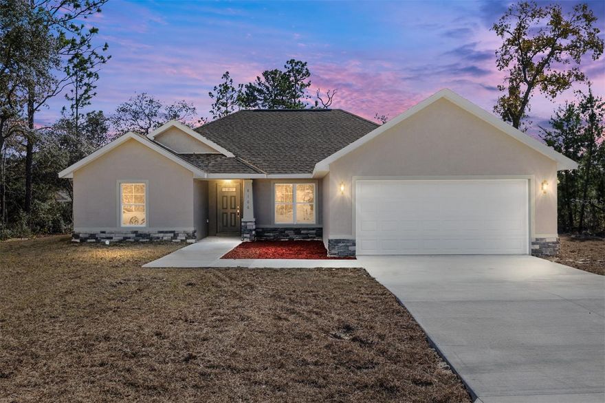 Be the first to own this beautiful brand-new home in the desirable community of Citrus Springs—with no HOA and on a CORNER LOT! Designed with modern living in mind, this home features a spacious open floor plan and a split-bedroom layout for added privacy. Inside, you’ll find three bedrooms and two bathrooms, including a generously sized master suite with a walk-in closet and a luxurious en suite bathroom complete with a relaxing soaking tub and separate shower. The open-concept kitchen and living area are perfect for entertaining, and feature stylish granite countertops. Enjoy the convenience of an indoor laundry room and step outside to a large covered back porch—ideal for relaxing or hosting family and friends. Don’t miss your chance to own a brand-new home with quality finishes in a peaceful setting. Schedule your tour today!
