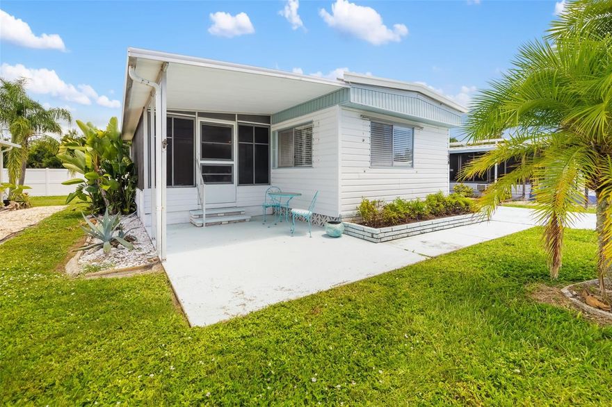 Own your piece of Florida paradise with this land owned turnkey furnished home! Clean, move-in ready in Bradenton's 55+ Palm Lake Estates. Built in 1979, this 2 bedroom 2 full bath home with enclosed Florida room has been updated and meticulously maintained. Vinyl plank floors everywhere except carpet in bedrooms. Primary bedroom has an en-suite bath and walk-in closet. Guest bedroom is across the home next to the main hall full bath and holds a king size bed and two nightstands, a standard closet, and a built-in dresser. It has been gently lived in every year from January to April. Shed outside is under roof and has washer dryer, storage. Carport is two cars deep for tandem parking and includes a built-in retaining wall for open air dining, grilling, chilling. Private back yard with no homes behind. Located midway on a dead-end street. Roof 2016. AC 2011. HOA fee is $225/month and includes water, sewer, trash, recycle, basic cable, internet, community pool, clubhouse, shuffleboard, activities. Near golf courses, dining, shopping, recreation, and endless entertainment venues. The nearest beach is Cortez on Anna Maria island, approximately 10 miles near. Palma Sola Causeway and Beach is 9.6 miles near and dog friendly. Additional beaches near are Anna Maria Island and Siesta Key.