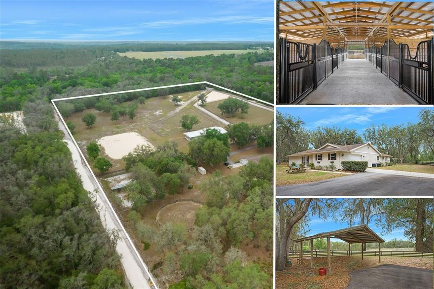 PRICED IMPROVEMENT!  READY FOR ITS NEW OWNERS!  20-ACRE HORSE RANCH for sale off beautiful BATTEN ROAD in Brooksville!! 3 bedrooms + 2 bathrooms +  2 car attached garage + AMAZING LUXURY center-aisle HORSE BARN with 8 stalls + apartment + tack room + covered hay storage + round pen +  riding ring + completely fenced + board fencing + multiple pastures + pole barn...all on 20 private acres located in the highly desirable Spring Lake area of Brooksville, situated 230 feet above sea level. Nestled at the dead end of a long, paved easement, this peaceful country farm offers a lot of privacy. Conveniently located 15 min to I-75, 45 min to Tampa, and less than 1 hr from Ocala. The property is homesteaded and green belted, saving you thousands per year on taxes! NO FLOOD! NO HOA and zoned AG! So bring the RV, camper, boats, ATV's, horses, animals...bring it all! 

HOME: The 3BR, 2BA one-level block home has 2,355 square feet of living space with plenty of open area for entertaining. Remodeled with matching stainless steel appliances in the kitchen and gas stovetop, updated Master bathroom, new roof in 2016, cedar ceiling in lanai, new A/C system 2019, water heater, and gutters. The well was upgraded to a 2-Horse pump with oversized holding tank and new well piping. 2-car attached garage plus a pole barn for additional parking. Paved driveway under the shady oak trees leads to the house and pole barn. 

BARN: The best part of the property! This new custom-built barn was designed by an equine professional and looks like it belongs in Wellington. 8 stalls in the center-aisle barn, each is 12’ x 12’ with a 24’ covered run-out. Dutch doors on the back of the stalls can be kept open to allow access to the run-outs or closed. Each stall has a 4” thick stall mattress. So comfortable! Imported European stall fronts with swing-out feed doors and optional U-shaped yokes to put in the stall door for stallions. Water piped to each run-out, eliminating the need for carrying and filling water buckets. Only agriculture sealed-motor fans are used in the barn. The cross tie area has hot/cold water and a hose boom to keep the hose off of the floor. The barn has its own water softener, septic tank, hot/cold water in every room, and A/C in every room. The hay area holds up to 9 pallets of hay, with Dutch doors in the aisle and a garage door in the back for deliveries. Full bathroom with toilet, sink, shower, washer, dryer, and water heater. The feed room has a commercial stainless-steel sink and matching table for feed prep. The tack room is 12’ x 36’ and could easily be converted into an apartment. Tack room has a new fridge, sink, custom-built cabinets, and granite counter tops. Epoxy flooring in feed room, bathroom, and tack room. New gutters. Recessed lighting in every room, beautiful outdoor lights all down the barn aisle, spot lights in each stall, motion-sensor lights on exterior, waterproof lights in cross tie areas, and a chandelier. EXTRAS: 8 oversized raised garden beds, fruit tree, and custom-built chicken coop. Acres of fenced pastures, individual paddocks, and a paddock track system. All new wood fencing with walk-throughs in paddocks. Oversized run-in shelter, shipping container with garage doors for extra storage, and 2 extra stalls outside. Extra-large 80’ round pen, outdoor cross ties, and 150’ x 200’ riding area. Water and electric hook-up added for an RV or LQ horse trailer.