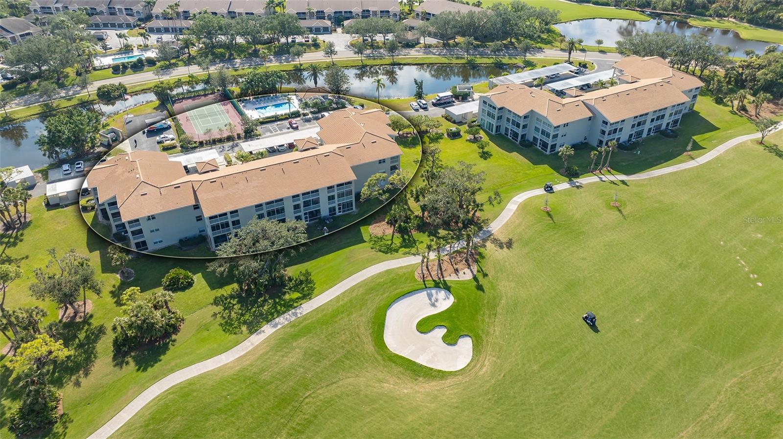 A must see 3rd floor unit, Turnkey Furnished, Matching Granite Counters throughout, Modern Luxury Vinyl, Stainless Steel Appliances and wide views of the 3rd Hole, 2nd green and preserves with endless sunsets galore! Fresh furnishings and linens in 2024, kitchen updates in 2020 and matching luxury vinyl throughout expect for the primary bedroom. A property not to be missed with is spacious vaulted ceilings. This 2 bedroom, 2 bath condo home is extremely clean and fresh. Guest quarters has its own pocket to for seclusion for guests bed and bath.  Clubsouth is a very active community with nightly gatherings, grills for owners use, carport and additional storage shed, community pool and pickleball/tennis court for the unit's owners. A premier member-owned country club, Stoneybrook of Sarasota, is only a short distance from Siesta Key and offers easy access to shopping and borders the Legacy Trail. Ownership in Stoneybrook Golf and Country Club includes an updated clubhouse and restaurant, Har-Tru tennis facility, well-equipped fitness center and additional club pool and spa. Nestled between Downtown Sarasota and Downtown Venice. In 2024, the Golf Course went through a complete redesign and is now complete and open to the members! Golf Assessment is paid in full.