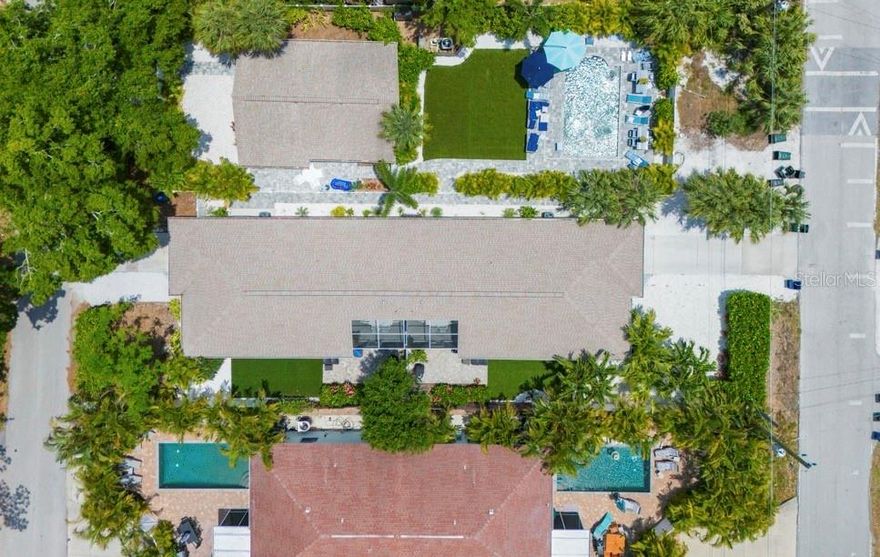 Welcome to Gone Coastal Villas, a rare three-unit coastal retreat just minutes from world-famous Siesta Key Beach in Sarasota. This exceptional property offers the perfect blend of personal enjoyment and income potential, ideal as a family compound, investment property, or both. Comfortably accommodating up to 12 guests, it’s perfectly suited for large gatherings or three separate vacation groups.

The duplex features two mirrored two-bedroom, two-bath residences, each with private driveways, one-car garages, laundry, and storage. The beautifully updated Flamingo and Coastal cottages showcase open floor plans, vaulted ceilings, screened patios with grilling areas, and private above-ground spas. Adjacent is the Seashell Cottage, a charming single-family two-bedroom, one-bath home with a refined coastal contemporary design.

All three turnkey furnished residences have been thoughtfully updated with cohesive coastal contemporary finishes. The shared courtyard offers an inviting outdoor experience with astro turf, a heated saltwater pool with sun shelf, gated vinyl fencing, lighted pathways, epoxy walkways, and paver driveways. Major improvements include new roofs (2017), on-demand hot water systems in all units, and newer HVAC systems.

Located within one mile of shopping, dining, and entertainment, Gone Coastal Villas is truly move-in ready and positioned for immediate income with no upfront improvements required. Being sold with the adjacent single-family home (MLS#A4682693).