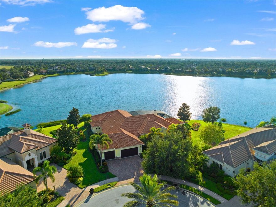 The Country Club just announced golf memberships are now available, with little to no wait. Welcome to the crown jewel of cul-de-sac living, a premium oasis that redefines the art of leisure. perched at the pinnacle of prestige, this 4 bed, 3 ½ bath home on a premium lot offers a visual symphony of water and sky, a vista that unveils a world of serenity and sophistication. When you enter through the wrought iron door, you will notice the timeless craftsmanship from the hardwood floors to the solid wood doors and cabinetry to the custom tray ceilings. For the culinary enthusiast, the chef’s kitchen is a symphony of form and function. Premium appliances including a Viking 8 gas burner cooktop, and custom-made finishes create an environment where culinary creations come to life. The dual Primary Suites offer two sanctuaries, with one suite having its own private living area or office with breathtaking views. This meticulously maintained home has new carpets, new A/C units, pool heater, rescreened, and resealed lanai, and so much more. Rain Sensor automated storm shutters protect your outdoor kitchen. The whole house Generator is protecting your home when the power goes out! Spend your evening luxuriating in the saltwater pool overlooking the spectacular lake and soak in the vista and listen to your favorite music with the whole house sound system and enjoy the spectacular Lakewood Ranch sunsets.