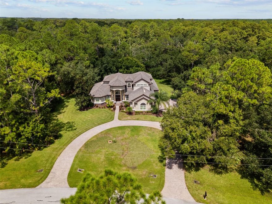 Searching for a private family estate on acreage near Trinity? Welcome to 10826 Alico Pass, a beautifully maintained 6-bedroom, 4.5-bath home in the highly desirable Aristida community of New Port Richey. This custom-built residence spans 4,250 sq ft and rests on 3.72 lush acres backing to Starkey Wilderness Preserve, offering total privacy and the perfect blend of nature and luxury. The 4-way split floorplan ensures space and comfort for everyone—ideal for multi-generational living. You’ll love the vaulted ceilings, grand curved staircase, media and bonus rooms, and a hidden room behind a built-in bookcase under the stairs. The chef’s kitchen features a gas range, double ovens, custom cabinetry, and walk-in pantry. The primary suite offers dual walk-in closets, double vanities, soaking tub, and walk-in shower. Enjoy a saltwater pool, screened lanai, and expansive yard with no rear neighbors. With a 3-car garage and large circular driveway, this home combines elegance, function, and privacy—minutes from Starkey Market, Trinity shops, top-rated schools, and the Veterans Expressway.