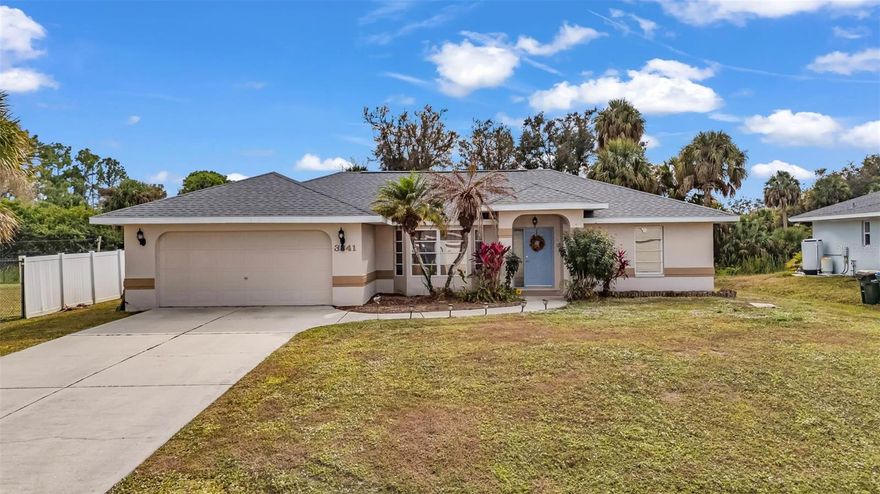 One or more photo(s) has been virtually staged. Welcome to this charming 3-bedroom, 2-bathroom, 2-car garage home located in North Port. Featuring a bright open floor plan with tile and luxury vinyl flooring throughout, this home offers a comfortable and easy-to-maintain layout that’s great for everyday living. CLICK ON THE VIRTUAL TOUR LINK 1 FOR THE VIDEO AND VIRTUAL LINK 2 FOR THE 3D TOUR. The spacious living room features a glass slider that opens to the lanai and flows nicely into the dining area, making it ideal for gatherings with family and friends. The kitchen includes stainless steel appliances, granite countertops, plenty of cabinet space, a breakfast bar, and a service window to the lanai for added convenience. The primary bedroom offers a large walk-in closet, a glass slider to the lanai, and a private bathroom with a single-sink vanity and walk-in shower. The guest bedrooms are on a split floor plan, providing extra privacy, and each includes built-in closets with a shared guest bathroom nearby. Step outside to the lanai, a great spot to sip your morning coffee or unwind with your favorite evening beverage. The spacious backyard is full of potential, perfect for adding a pool or creating the ultimate outdoor retreat. 2021 ROOF - 2026 SEPTIC TANK. Conveniently located near I-75 and US-41, this home offers easy access to shops at Price Crossing, Cocoplum Shopping Center, and the Port Charlotte Mall, as well as a short drive to award-winning beaches. Enjoy nearby recreation at the North Port Aquatic Center, Cool Today Park, and downtown Wellen Park, making this an ideal location for both convenience and lifestyle. Schedule your showing TODAY!