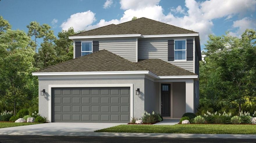 Under Construction. What's Special: Dedicated Study | Covered Lanai | Greenbelt Lot | Oversized Lot. New Construction - September Completion! Built by America's Most Trusted Home Builder. Welcome to the Anastasia at 32481 Sea Loch Loop in Lochside! This new home offers an open-concept layout with a spacious great room that flows effortlessly into the dining area and gourmet kitchen, perfect for everyday living and entertaining. The kitchen shines with quartz countertops, an apron front kitchen sink, and ample prep space for gathering with friends. The main-level primary suite provides a private retreat with an en-suite bath and walk-in closet. The powder room sits near the laundry room, while a study near the foyer adds flexibility for work or hobbies. Step outside to the lanai for easy indoor-outdoor living. Upstairs, a large game room, loft, and three secondary bedrooms, one with an en-suite bath, and another full bath provide plenty of space to spread out. Planned amenities embrace the lakeside lifestyle, featuring a community boat ramp, viewing dock, pool, cabana, Nature Play Space, and National Wildlife Federation Monarch Butterfly Garden. Additional Highlights Include: alternate study layout, pocket slider at great room, shower at bath 2, upgraded cabinets and flooring, cushion close drawers, and wood stairs. Photos are for representative purposes only. MLS#O6409498