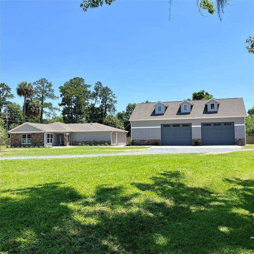 NO HOA | NO CDD | NO 55+ | RV & BOAT FRIENDLY | CAR COLLECTORS & SPACE LOVERS ONLY PROPERTY IN THE WINDSTREAM SUBDIVISION WITHOUT HOA OR ASSOCIATION FEES & REGULATIONS — BUILD A SECOND FULL-SIZE HOME!?YES......This rare corner lot offers unmatched freedom & investment potential, a unique opportunity in Marion County. Welcome to unrestricted luxury living. A perfect blend of elegance, comfort & design on a fully fenced 1-acre corner lot located in the desirable SE Ocala.Unique, elegant custom built home featuring 3 bedrooms, 4 full bathrooms & a detached mega 2-story garage. Natural light fills the main living areas, creating a warm & inviting atmosphere perfect for lasting memories. The modern open-concept layout flows seamlessly into the gourmet chef’s kitchen. Oversized island with drawers & cabinetry, convenient outlets & breakfast bar for casual dining. Surrounded by tall wood soft-close cabinets, oversized SS farmhouse sink, SS appliances & granite countertops designed to elevate your culinary experience. Enjoy peaceful evening views from the spacious primary suite with large walk-in closet. The other 2 suites are on the opposite side for added privacy one with private bath & separate exterior access, ideal for guests. 4 full baths feature spacious cabinets & granite countertops. Two main baths include skylights for natural light. Indoor laundry room with utility sink & storage cabinets adds convenience. Step outside to the impressive 1,800sq ft 2-story garage a building worthy of your estate. It has 12-ft ceilings, modern garage motor system & door openers, electrical outlets for RV hookups, ceiling fans, 20+ recessed lights & windows throughout. Epoxy floor resists chemicals & stains. Includes utility sink, full bath & walk-in closet. A wood staircase leads to the fully insulated second-floor garage with wood floors, lighting fixtures & windows overlooking the front entrance. Perfect for hobbies, man cave, gym, or storage, & could easily accommodate a split AC for year-round comfort. The back of the building has an attached extra room ideal for an outdoor pet shelter. The fenced 1-acre lot offers ample parking & space for a pool, playground, campfire area & more. Parcel is permitted for an additional full-size home, giving exceptional flexibility & investment potential. Great curb appeal with stack stone accents, beautiful landscaping, modern paver driveway extended to the garage, gutters around the property & 10+ irrigation zones. Very private rear yard backs to a quiet neighborhood street. No HOA, no 55+ restrictions, not in a flood zone & no CDD assessments. Excellent location centrally convenient: 8 min to downtown Ocala, 20 min to World Equestrian Center, 10 min to I-75, & only 30 min to Spanish Springs Town Square. UNMATCHED OPPORTUNITY IN WINDSTREAM SUBDIVISION: Build a second full-size home on this rare corner lot the only property without HOA or association fees & regulations, offering freedom, privacy & investment potential that is truly unique in Marion County. Your search is over breathtaking home without the burden of a bond. Schedule a showing today!