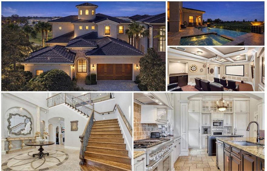 3D-Tour - Now Open To View, An Extraordinary Custom Estate, Formally The Model Home For Triton Custom Builder, This Residence Is A True Showcase Of Architectural Design And Elevated Living. The Home Is Rich With Exceptional Upgrades And Timeless Luxury Throughout And Just Needs Some Freshening Up To Bring It Back To Its Prestige Condition.

Set On Just Over A Quarter Acre, The Mediterranean-Inspired Property Enjoys A Highly Sought-After West-Facing Orientation, Delivering Spectacular Sunsets And Sweeping Views Over The Prestigious Jack Nicklaus Signature Golf Course.

Beyond The Private Wrought-Iron Entry Gates, An Elegant Courtyard Welcomes You With A Serene Sitting Area And A Detached Guest Suite — Currently Styled As A Recording Studio — Offering Both Privacy And Versatility. From There, Grand Solid Metal Doors Open Into A Dramatic Foyer Adorned With Travertine Flooring, A Motorized Drop-Down Chandelier, And A Stunning Hardwood Staircase Accented With Wrought-Iron Detailing.

Designed For Effortless Entertaining, The Outdoor Living Space Is Nothing Short Of Resort-Worthy. A West-Facing Infinity-Edge Pool With A Spillover Spa And Dual Fire Bowls Creates A Striking Focal Point, Surrounded By Generous Lounging Areas Perfect For Enjoying The Florida Sunshine. A Fully Equipped Summer Kitchen And Covered Patio Provide The Ideal Setting For Alfresco Dining And Gatherings Year-Round.

Inside, The Open-Concept Floor Plan Flows Beautifully For Both Everyday Living And Hosting. The Chef-Inspired Kitchen Is Outfitted With A Thermador Six-Burner Gas Range, A Custom-Designed Range Hood, And Built-In Cabinet-Front Thermador Refrigerator And Separate Freezer For A Seamless, Upscale Aesthetic. The Main Living Area Features A Cozy Fireplace For Cooler Evenings, A Stylish Wet Bar, And Expansive Pocketing Glass Doors That Blur The Line Between Indoor And Outdoor Living.

The Main Level Offers Three Spacious Bedrooms, Each With Its Own Ensuite Bath, Including Private In-Law Quarters Accessed Through The Courtyard. A Dedicated Office Provides Flexibility As A Potential Sixth Bedroom. The Oversized Garage Has Been Thoughtfully Converted Into A Climate-Controlled Fitness Studio With A Full Mirrored Wall And Even A Drop-Down Projector For Training Or Entertainment.

Upstairs, A Custom-Designed Private Theater With Nine Reclining Chairs Creates A True Cinematic Experience. Two Additional Ensuite Bedrooms Connect To A Generous Bonus Lounge Complete With A Wet Bar — Perfect For Game Nights Or Relaxed Evenings In. Step Out Onto The Covered Balcony To Take In Postcard-Worthy Golf Course Views And Glowing Sunsets, All While Enjoying A Game Of Pool In Your Elevated Outdoor Retreat.

Live The Resort Lifestyle Inside Your Gated Community Of Reunion Resort, Just Minutes Away From Walt Disney Parks And The Other Major Orlando Attractions, Some Of The Best Beaches In The World And Orlando International Airport. The Resort Has 12 Community Pools, 3 Signature Golf Courses (Palmer, Watson, Nicklaus), Multimillion Dollar Water Park, Several Onsite Restaurants, 2 Golf Pro Shops, Hydro-Grid Clay Tennis And Pickle-Ball Courts, And A New Miniature Golf Course.