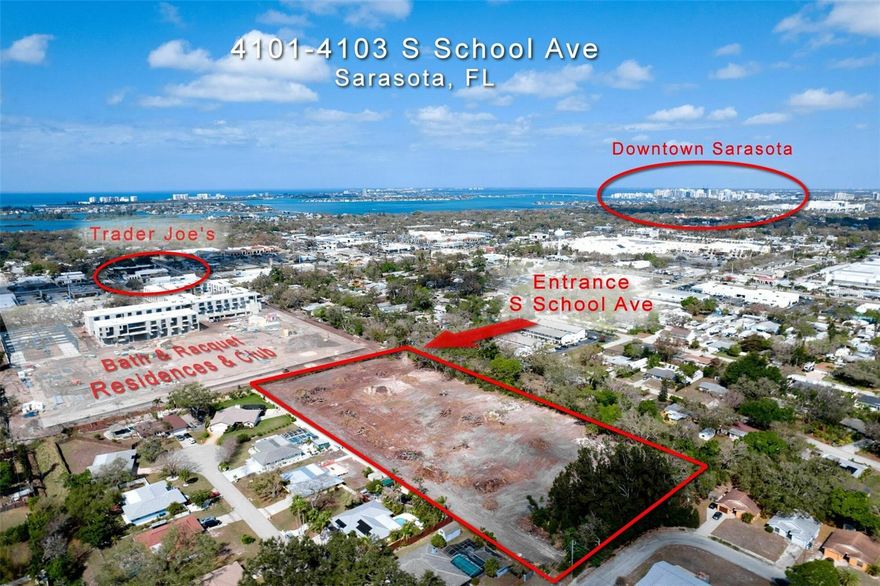 Fantastic residential development opportunity on 4.77± acres of contiguous land at 4101–4103 S School Ave in central Sarasota, ideal for a builder or infill residential developer. One parcel is zoned PUD and the adjoining parcel is zoned RSF3, providing flexibility for a low-density residential community with the potential to create a cohesive neighborhood plan (buyer to confirm entitlements and density during due diligence). The property is currently vacant land and can accommodate a meaningful single-family program under the existing zoning framework, offering rare scale in an established in-town location. Surrounded by established neighborhoods, schools, and retail, the site is well-positioned to capture strong builder demand.