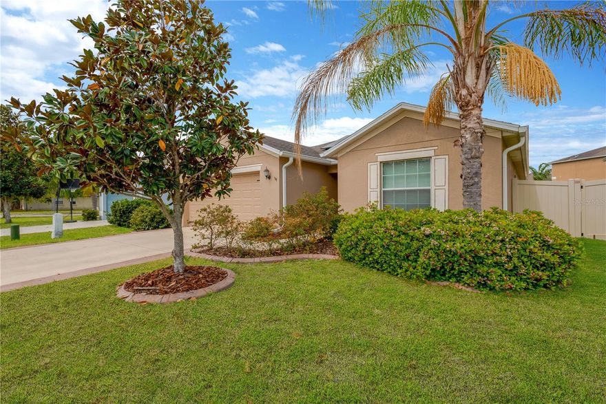 Welcome home to this well maintained 3-bedroom, 2-bath, 2-car garage residence located in beautiful Cypress Creek community! Featuring a desirable split floor plan, vaulted ceilings, and solid block construction this home offers both comfort and functionality. Step inside to a spacious entryway that spills into the family room accented with vaulted ceilings. The open-concept kitchen is designed for entertaining with stainless steel appliances, rich espresso cabinetry, granite countertops, breakfast bar and updated pendant lighting that adds a modern touch. The spacious primary suite features a large ensuite bath with dual sink vanity, walk-in shower, and two closets for ample storage. Enjoy outdoor living on the screened-in lanai overlooking a large, fenced backyard with attractive landscape curbing-perfect for pets, gatherings, or relaxing evenings. Additional highlights include solar panels that help keep electric bills incredibly low to non-existent. This home features a dedicated laundry room. Each bedroom has a ceiling fan for ultimate comfort. Conveniently located near major highway and in the community of Cypress Creek. Enjoy a neighborhood pool, playground and basketball area. Thoughtfully priced and ready for its next Owners to call home.