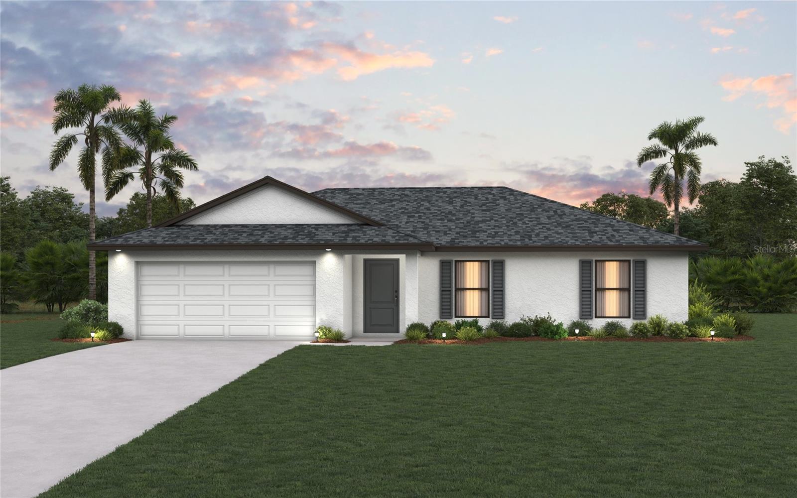 Under Construction. NEW CONSTRUCTION WITH WARRANTY! ** Estimated Completion - September / October ** The Santa Maria’s open floor plan blends the Great Room, kitchen, and dining room to create a large main living area that flows effortlessly through sliding glass doors to the breezy covered lanai. You’ll immediately notice the vaulted ceiling over the Great Room and statement breakfast bar built into the kitchen’s island-style cabinetry. The secluded primary suite offers a walk-in closet and a spacious bathroom featuring a shower, a dual-sink vanity, and a private water closet. The other side of the home features two bedrooms and a shared guest bathroom. This home is complete with a stainless steel range, microwave, and dishwasher, an attached two-car garage, plus hurricane-impact windows and doors. Photos are of completed property, colors and finishes may vary.