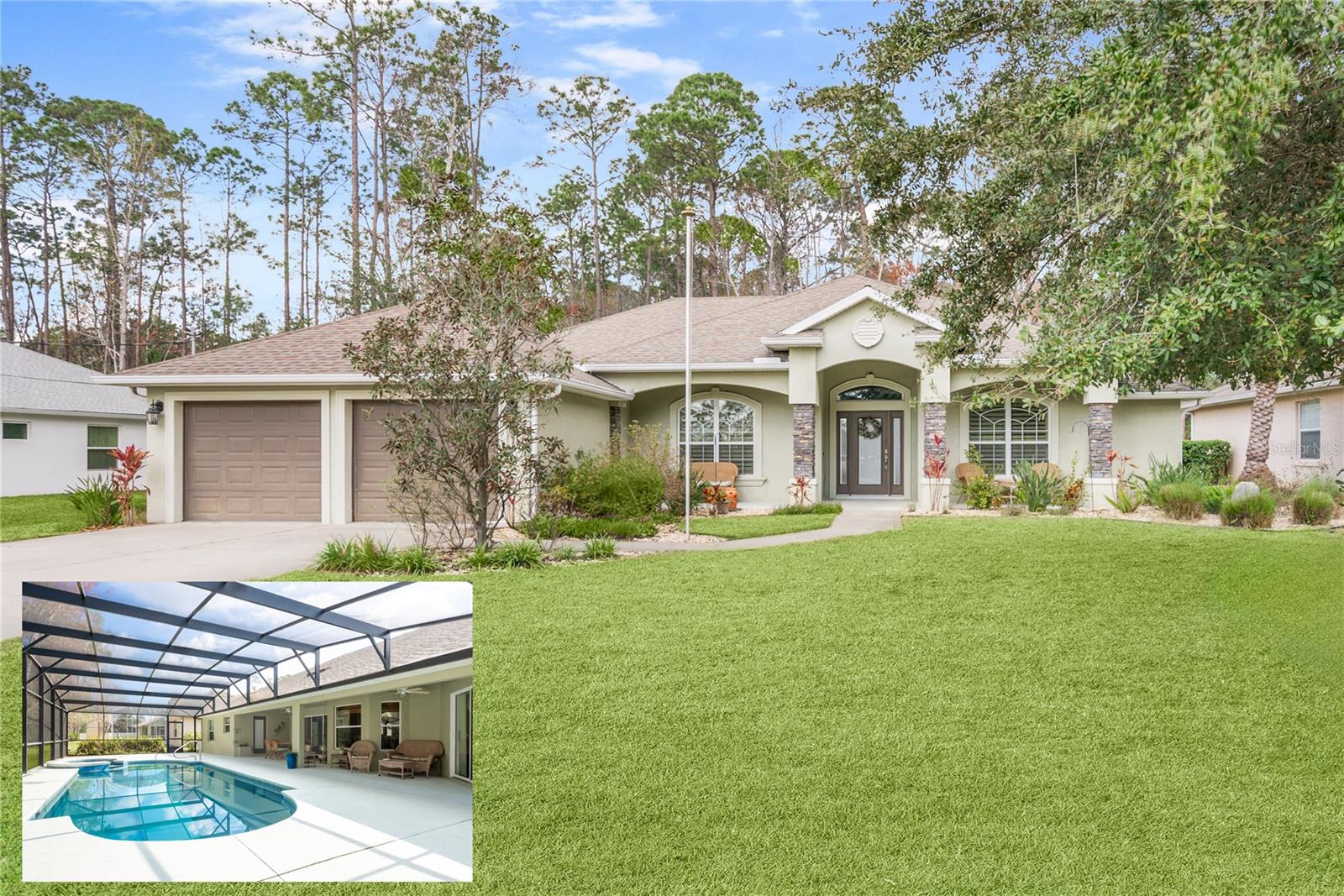 Step into elegance with this exceptional Pool Home nestled in the golf neighborhood of Cypress Knoll in Palm Coast. Designed for year-round enjoyment, the property features a Heated Saltwater Pool and Spa, a Screened lanai, and a brand-new pool pump installed in February 2025. The private backyard oasis is framed complete privacy fence with 4 entry gates (potential storage for a boat behind the gate), offering a serene retreat. The irrigation was also recently redone to keep your oasis lush.
Inside, expansive glass sliding doors welcome you into a beautifully appointed interior with an open-concept layout and upscale finishes throughout. Highlights include easy-to-install shutters on every window, crown molding, and tray ceilings that add architectural charm.
The gourmet kitchen is a chef’s delight, featuring a Gas Range, Stainless Steel appliances, including new fridge (July 2024), a custom pantry, and a cozy breakfast nook. The living room centers around a stunning artisan stacked stone fireplace, drawing the eye to the coffered ceiling above—an elegant focal point.
Enjoy built-in surround sound, updated alarm system, and a portable generator with hookup for added peace of mind. The spacious primary suite is bathed in natural light from its private patio access and includes a whirlpool tub, a handicap-accessible shower with dual shower heads, and a generous walk-in closet.
Two additional bedrooms, a versatile office/guest room with a Murphy bed, and a well-equipped laundry room with utility sink provide ample space and functionality. The two-car garage features sealed flooring, and a new HVAC system was installed in October 2024.
With its single-story layout, open design, and thoughtful accessibility features, this home offers both luxury and practicality. Don’t miss your chance to own a slice of paradise in Palm Coast.